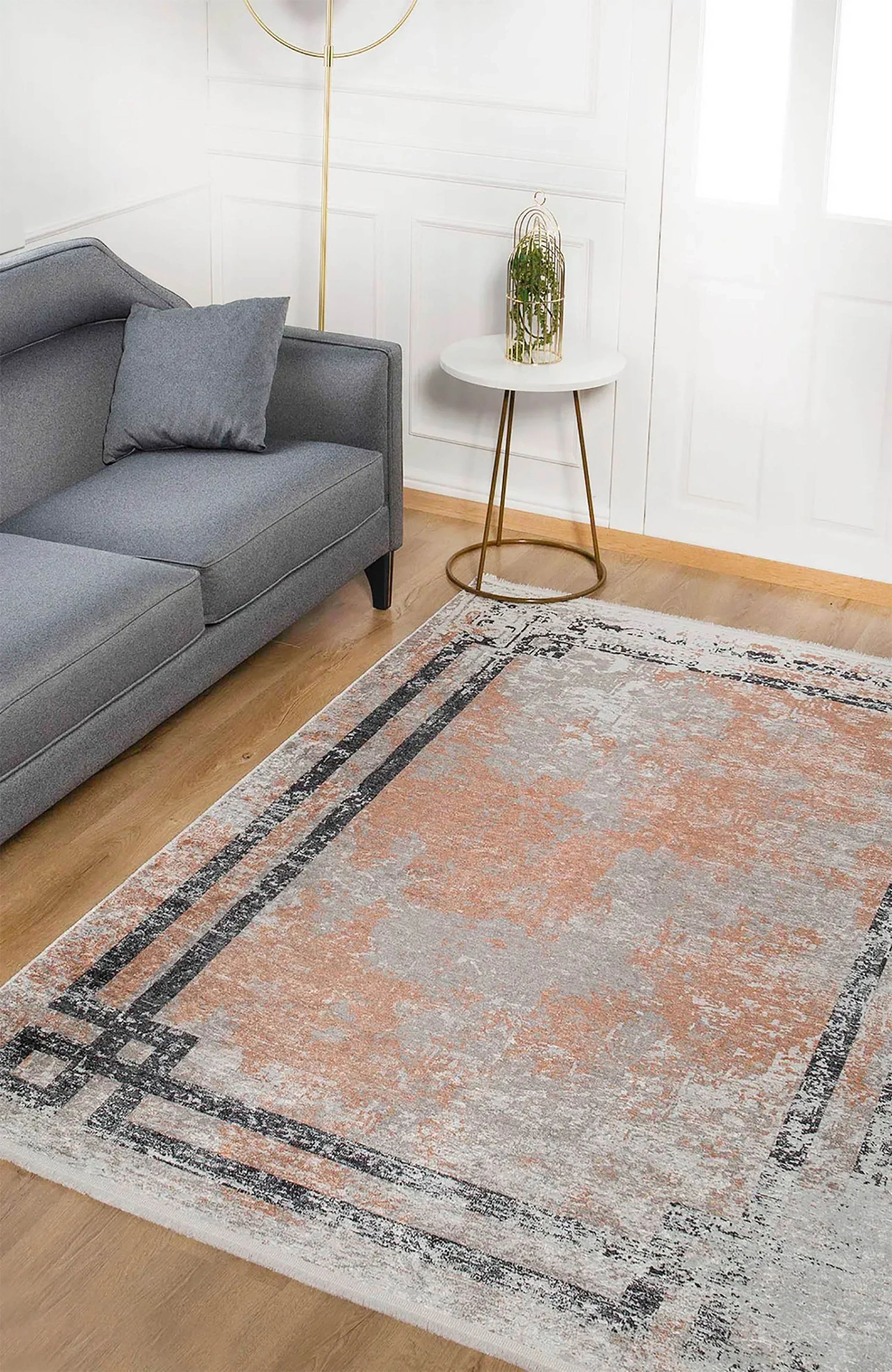 Şeftali Tonlarında Çerçeveli Modern Çizgiler Eskitme Desenli Halı