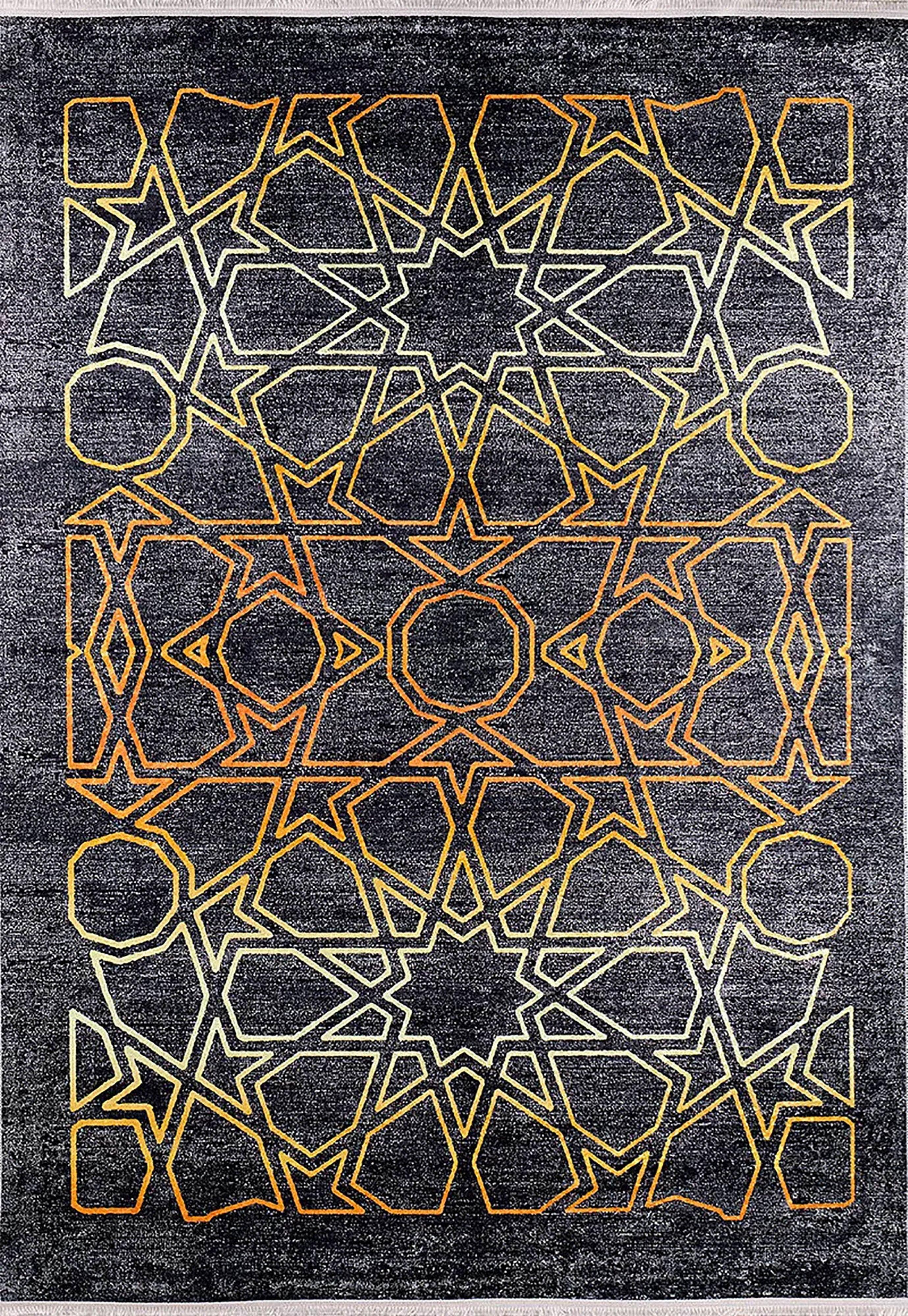 Selçuklu Desenli Geometrik Siyah Altın Halı