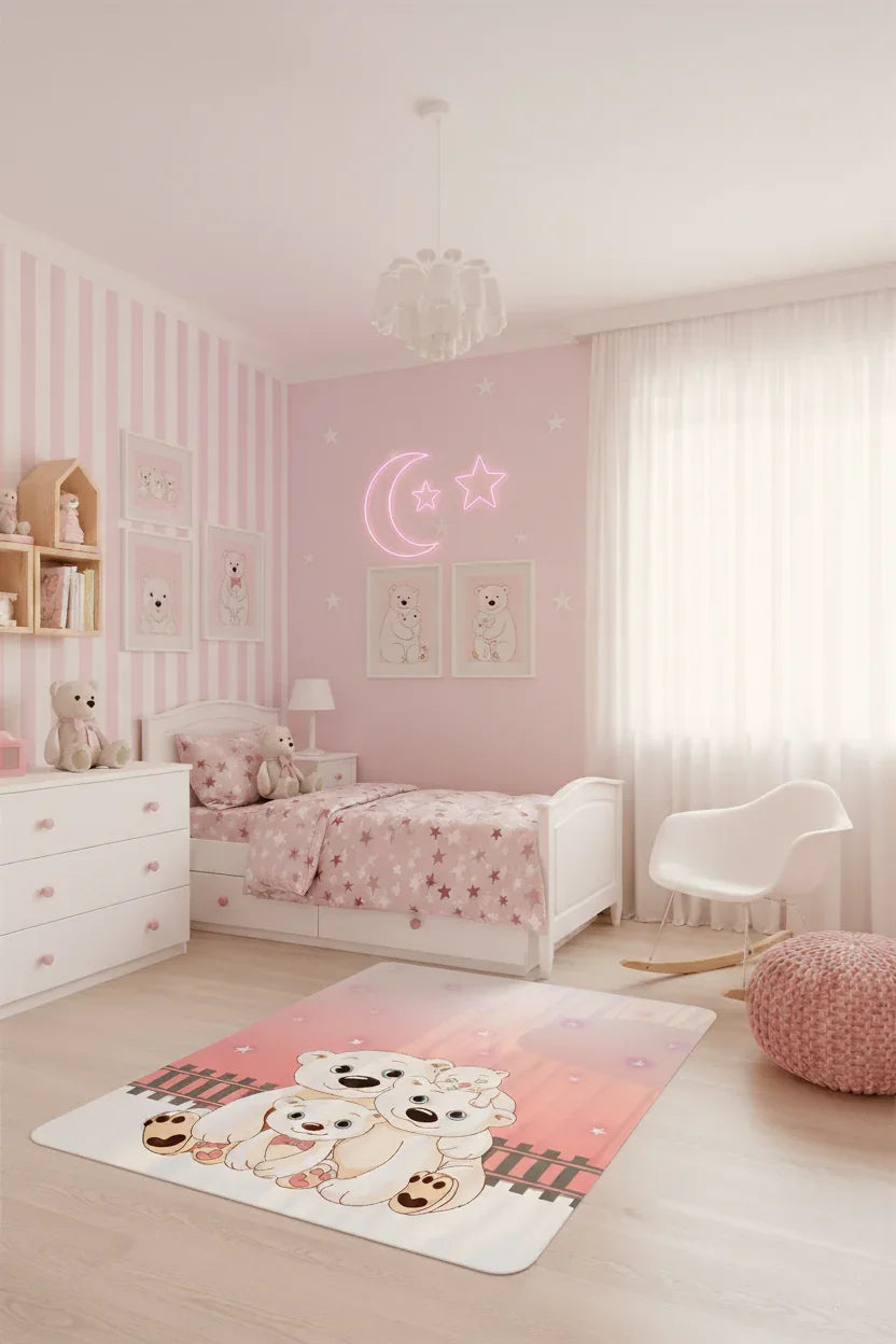 Sevimli Kutup Ayıları Ailesi Pembe Yıldızlı Çocuk Halısı