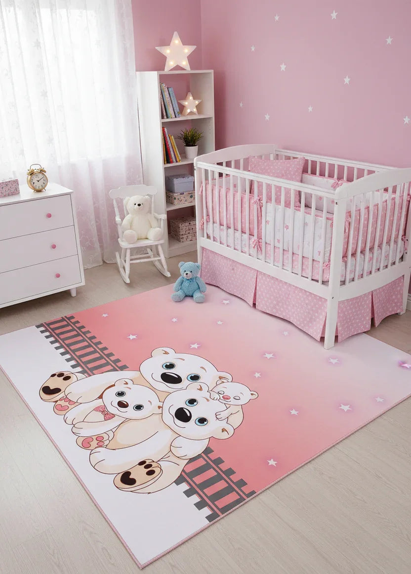 Sevimli Kutup Ayıları Ailesi Pembe Yıldızlı Çocuk Halısı
