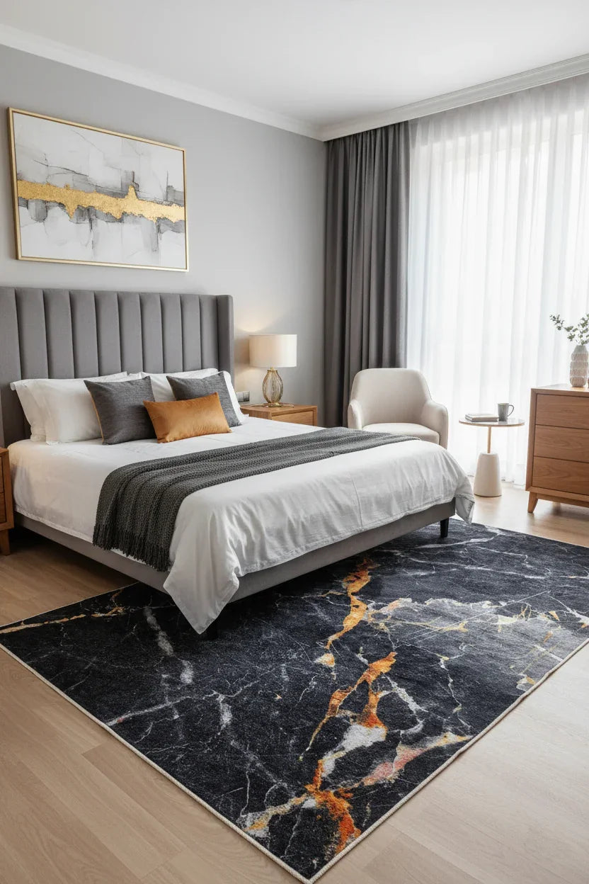 Siyah Altın Mermer Desenli Modern Halı