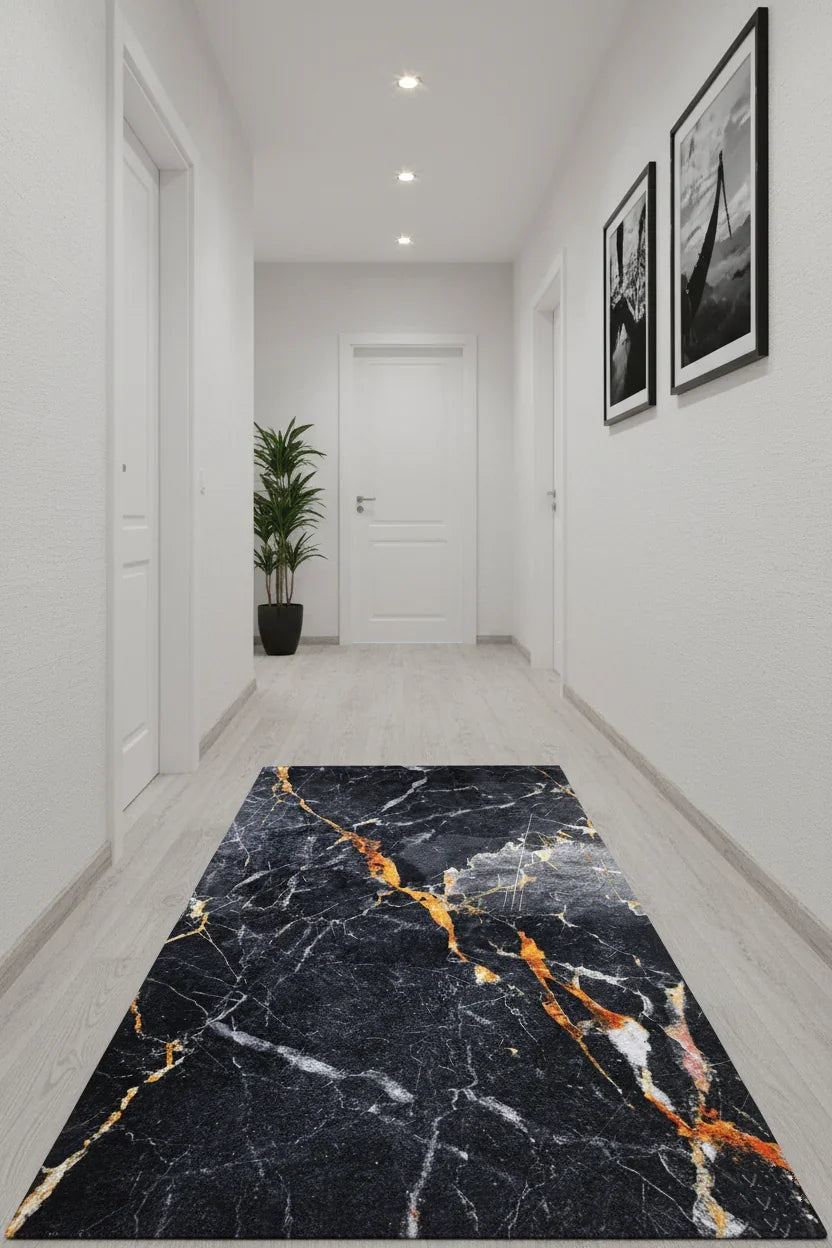 Siyah Altın Mermer Desenli Modern Halı