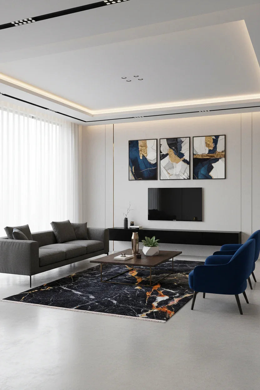 Siyah Altın Mermer Desenli Modern Halı