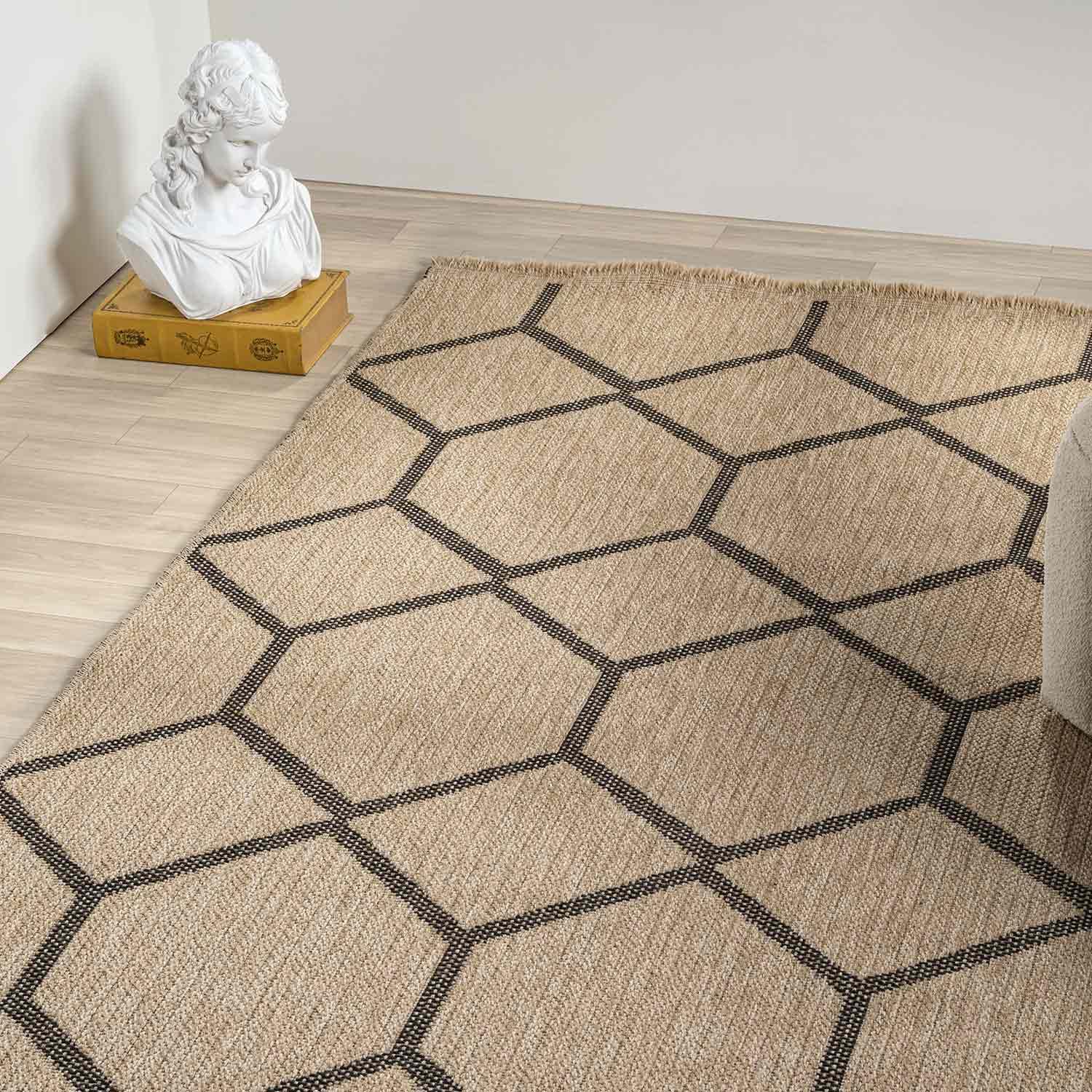 Siyah Bej Altıgen Geometrik Modern Jüt Görünümlü Halı