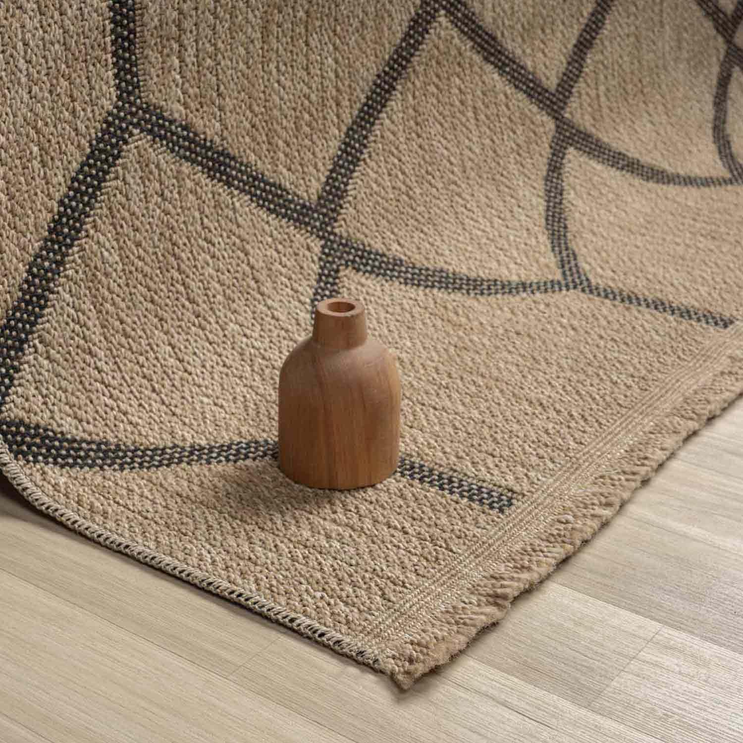 Siyah Bej Altıgen Geometrik Modern Jüt Görünümlü Halı