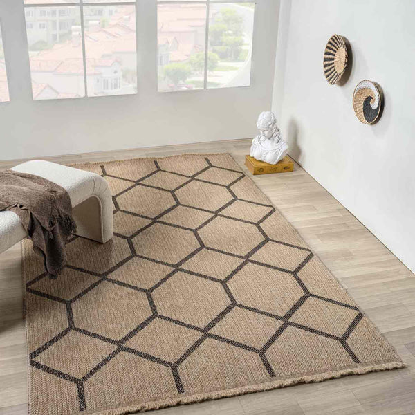 Black Beige Hexagonal Geometric Modern Jute Look Rug - L669HIIN