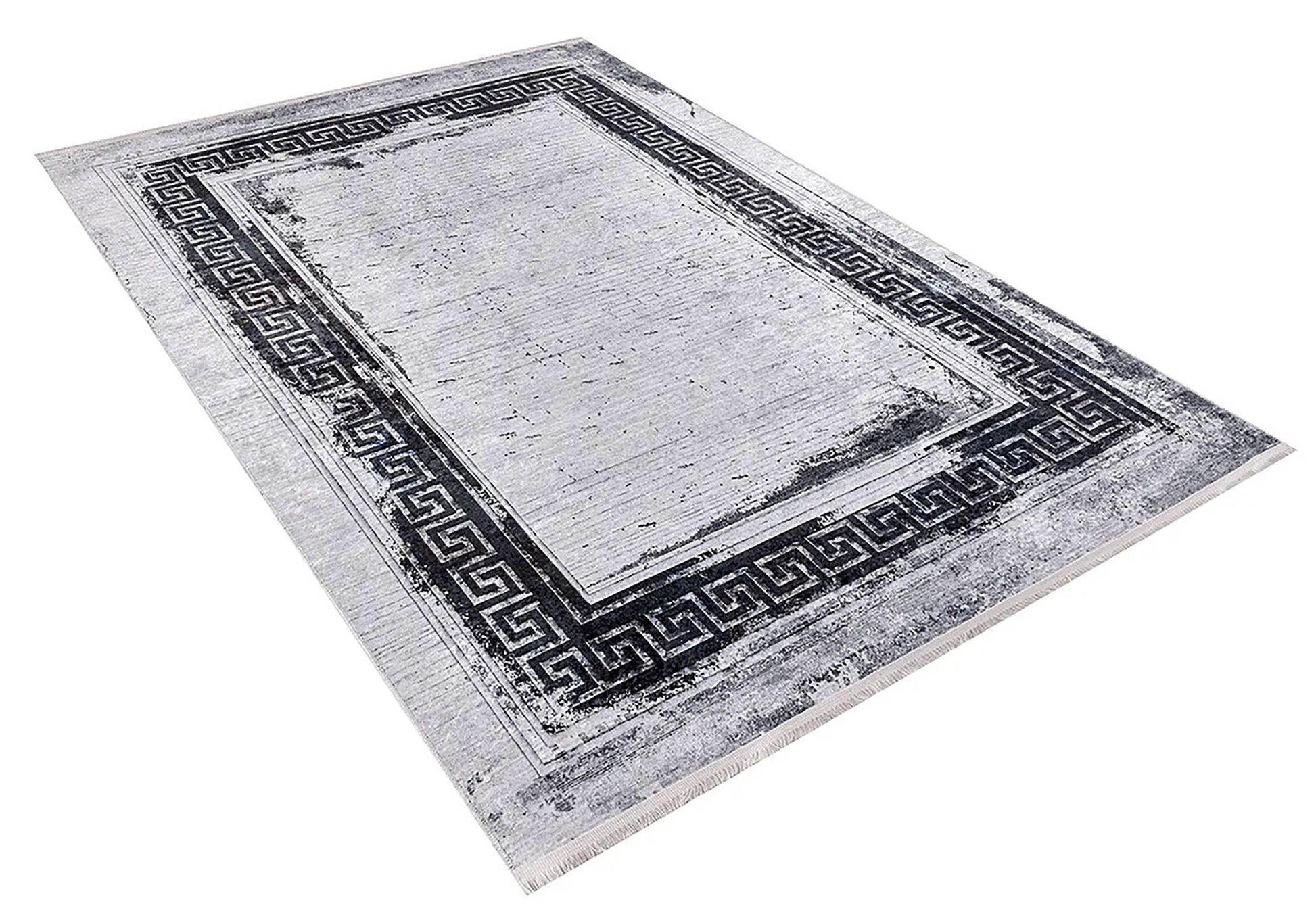 Siyah Beyaz Eskitme Yunan Anahtarı Bordürlü Modern Halı