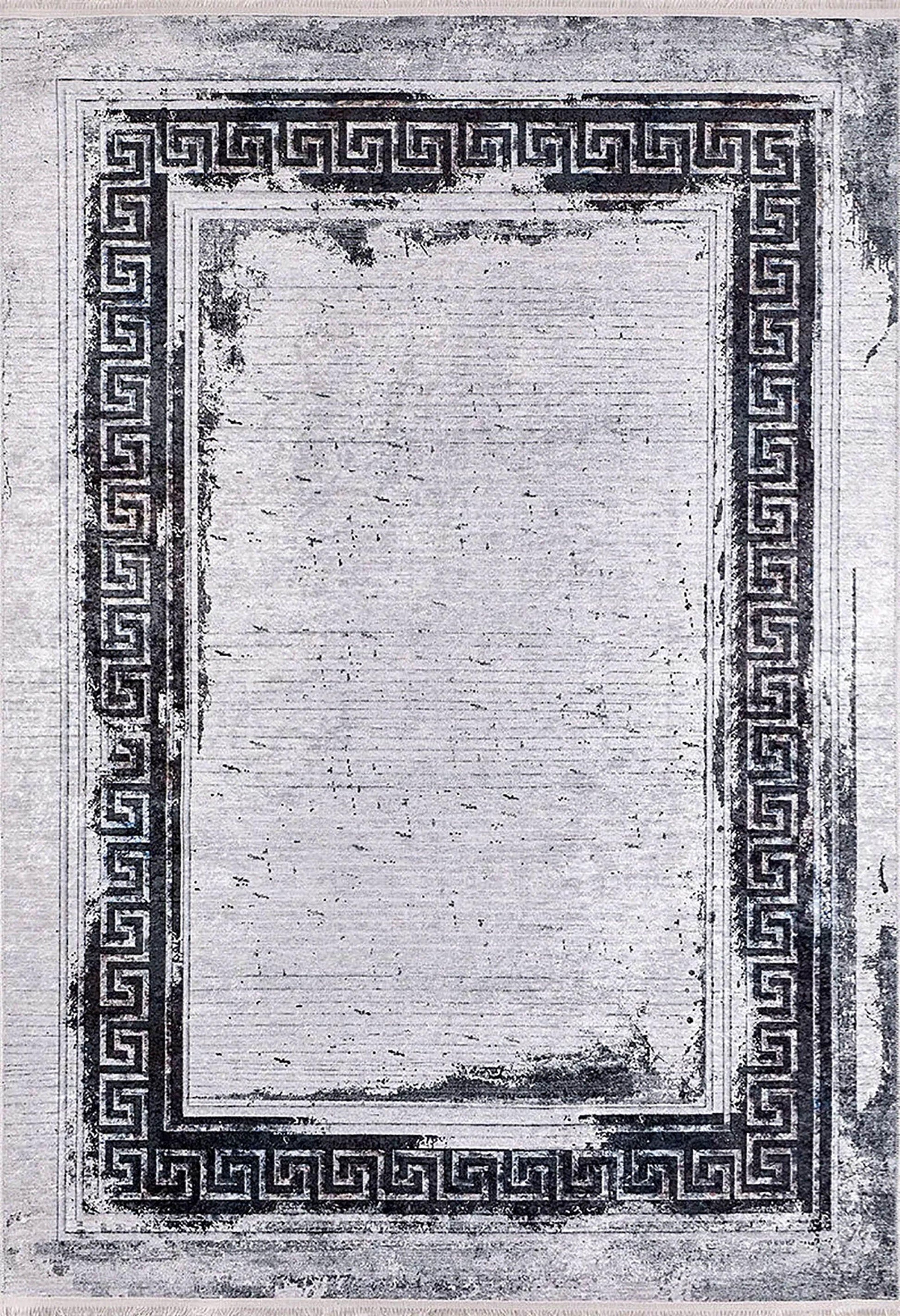 Siyah Beyaz Eskitme Yunan Anahtarı Bordürlü Modern Halı