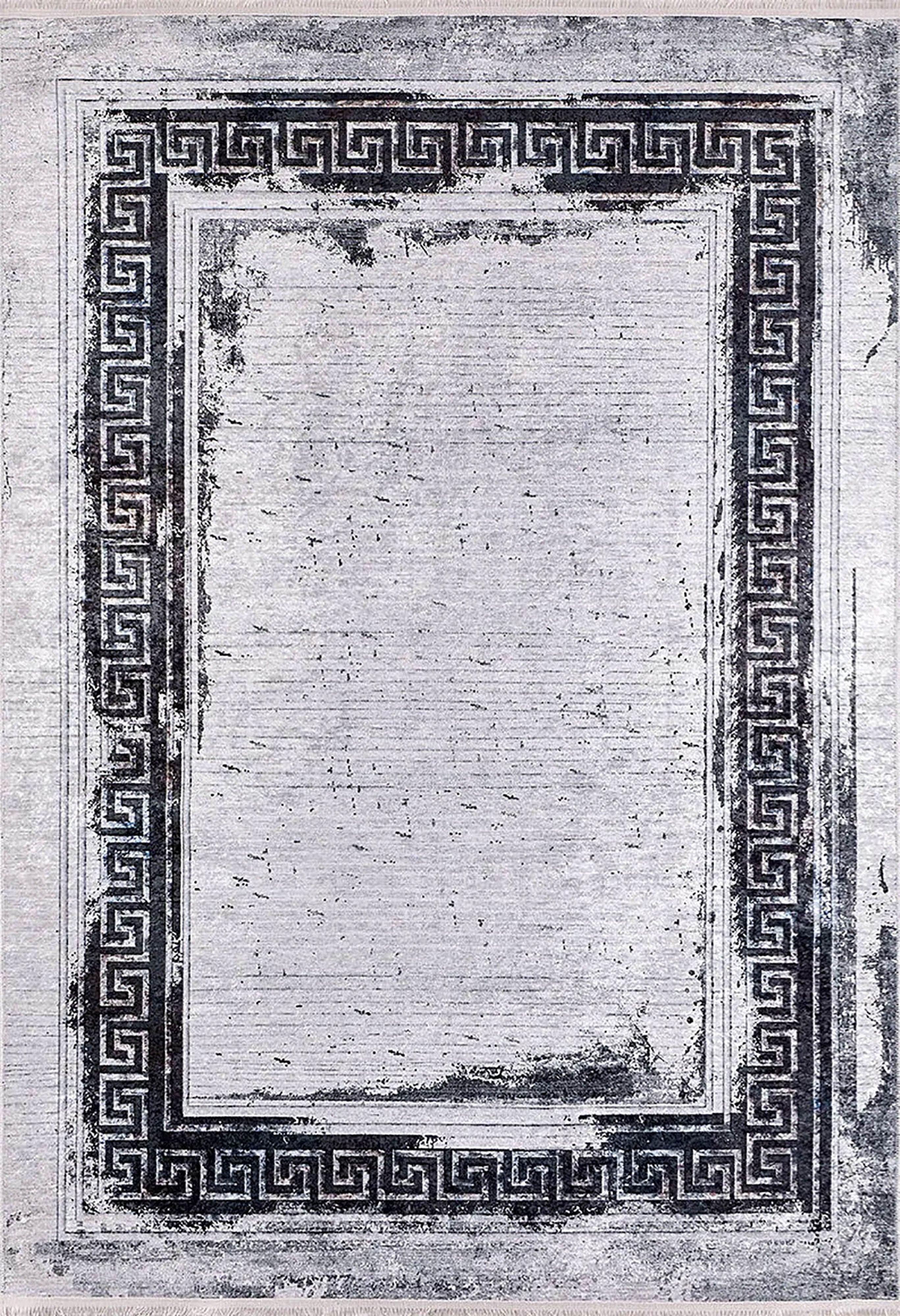 Siyah Beyaz Eskitme Yunan Anahtarı Bordürlü Modern Halı