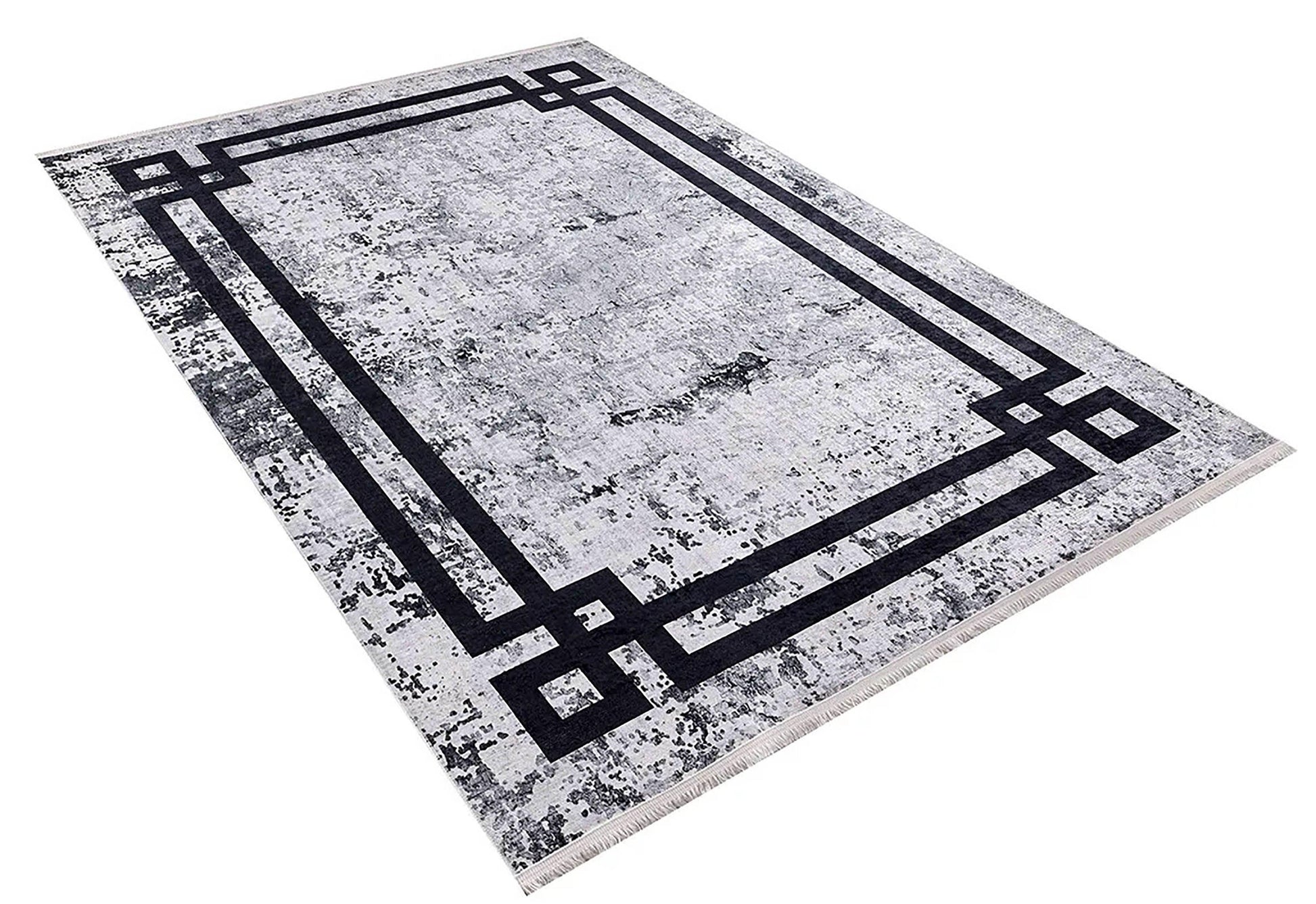 Siyah Beyaz Eskitme Zeminli Art Deco Bordürlü Modern Halı