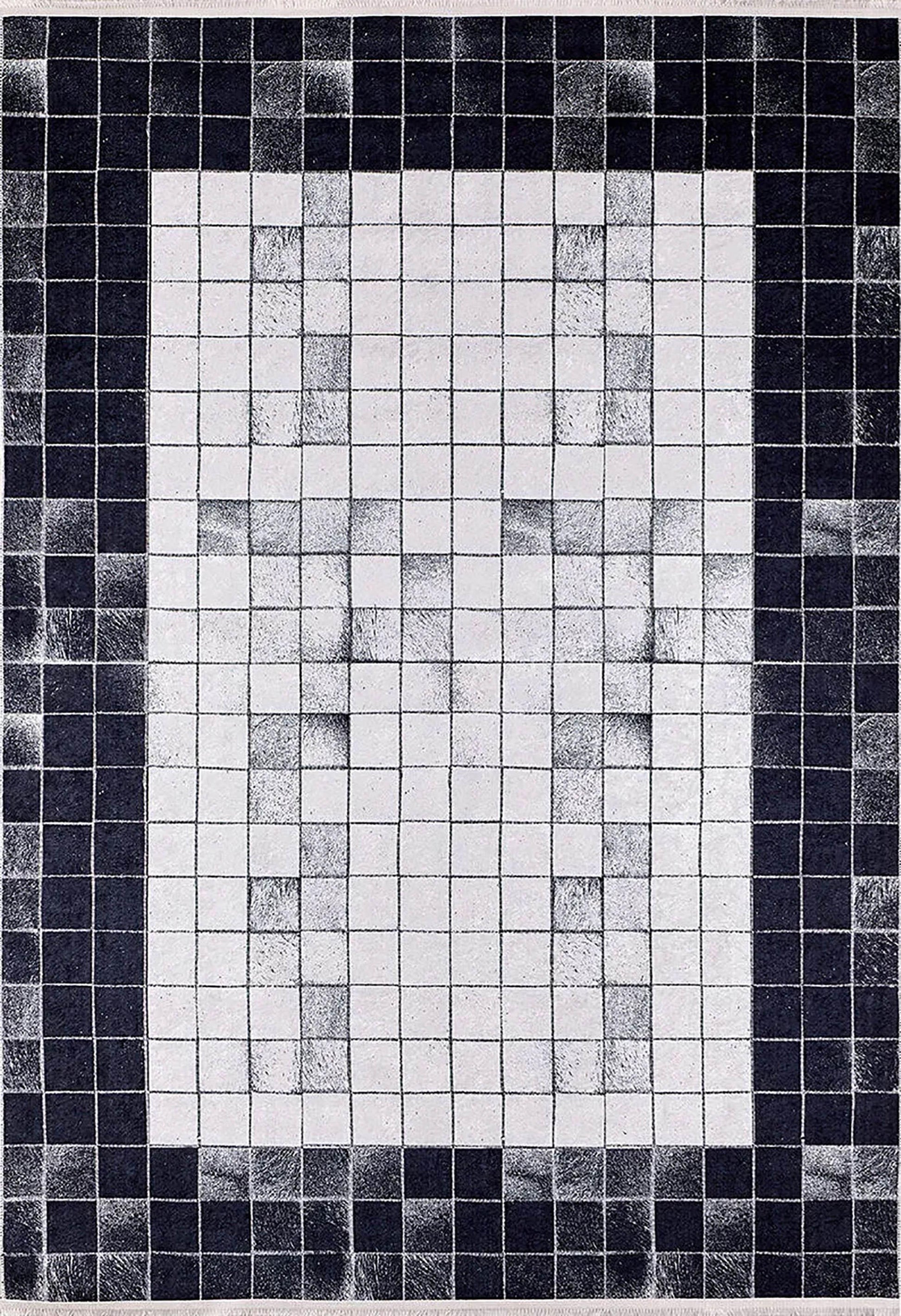 Siyah Beyaz Kareli Deri Görünümlü Geometrik Modern Halı