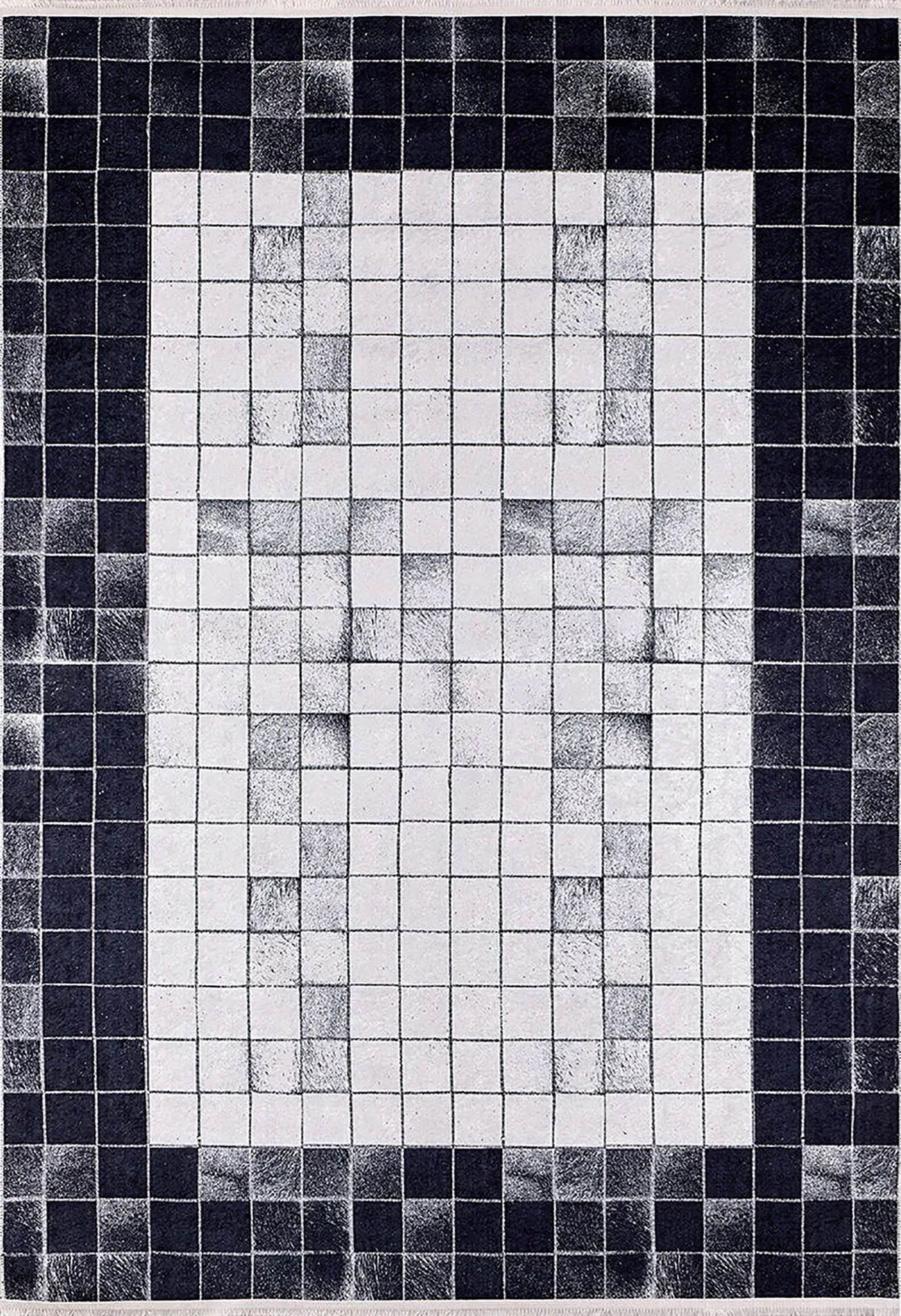 Siyah Beyaz Kareli Deri Görünümlü Geometrik Modern Halı