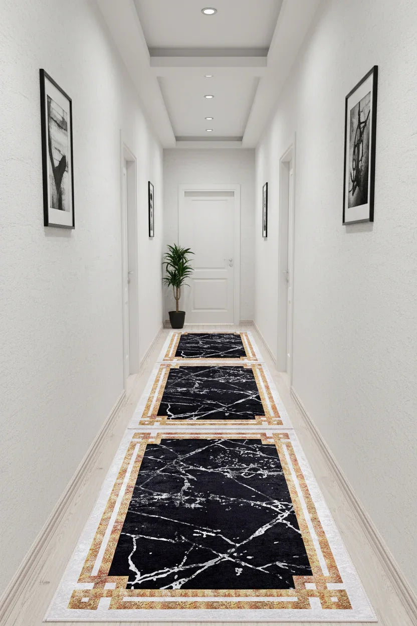 Siyah Beyaz Mermer Tarzı Kenarlı Geometrik Halı
