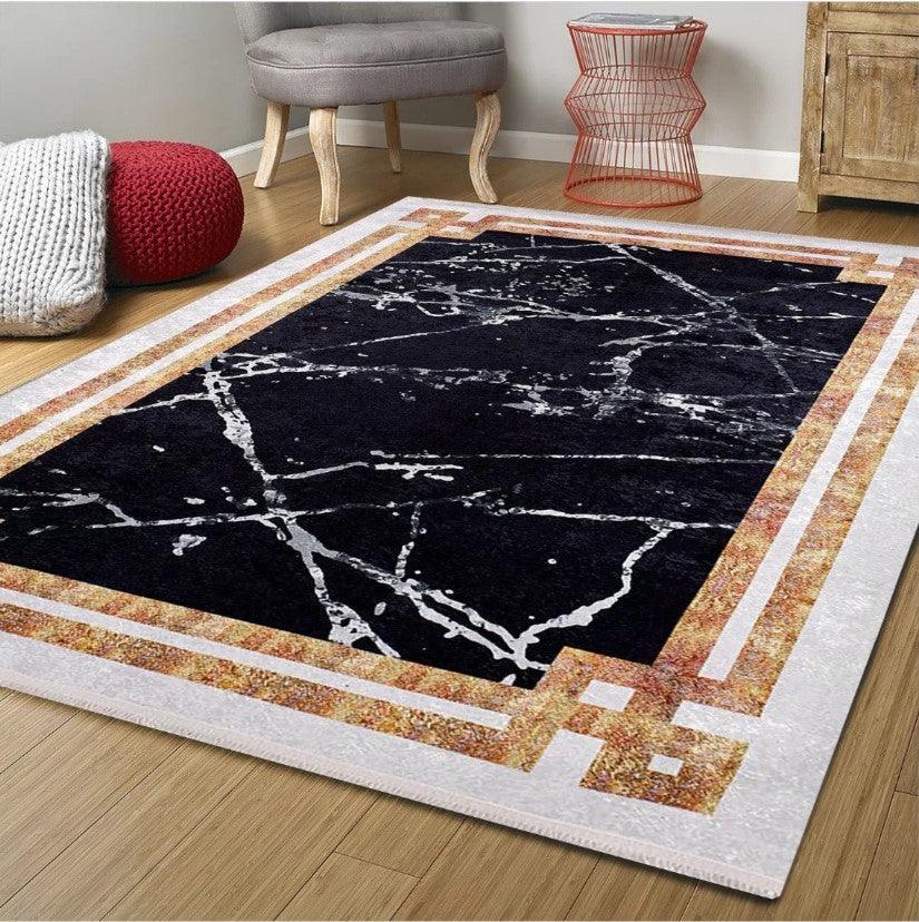 Siyah Beyaz Mermer Tarzı Kenarlı Geometrik Halı