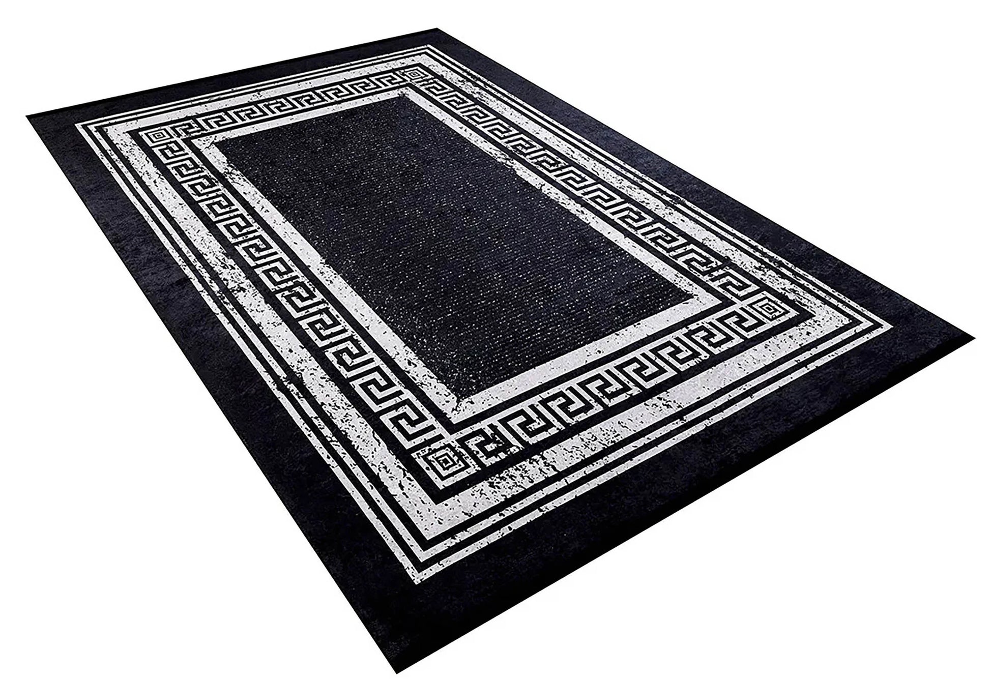 Siyah Beyaz Yunan Anahtar Desenli Klasik Bordürlü Halı