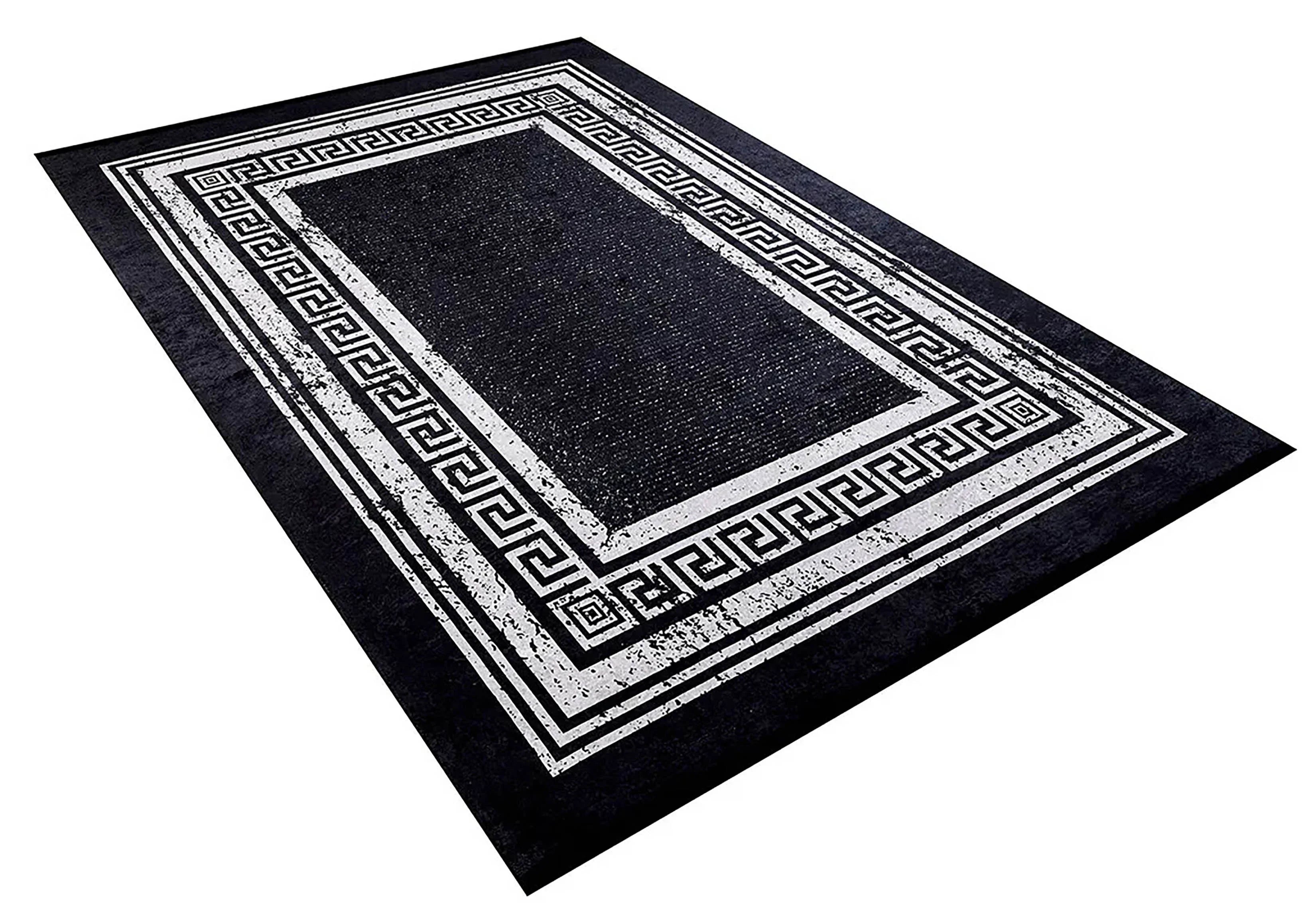 Siyah Beyaz Yunan Anahtar Desenli Klasik Bordürlü Halı