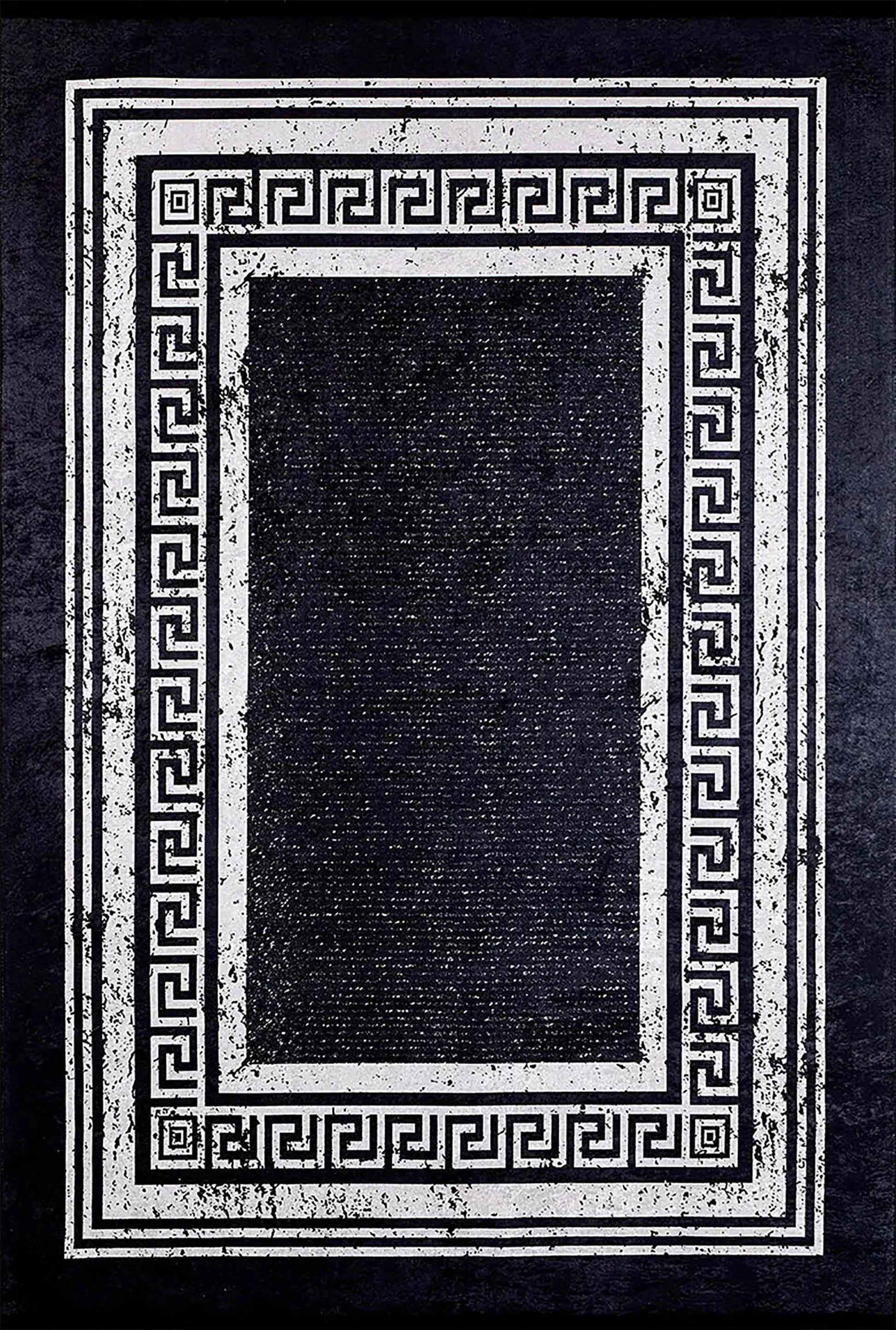 Siyah Beyaz Yunan Anahtar Desenli Klasik Bordürlü Halı