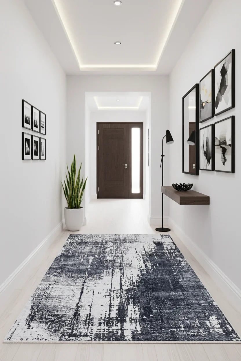 Siyah, Füme ve Beyaz Modern Soyut Sanat Halısı