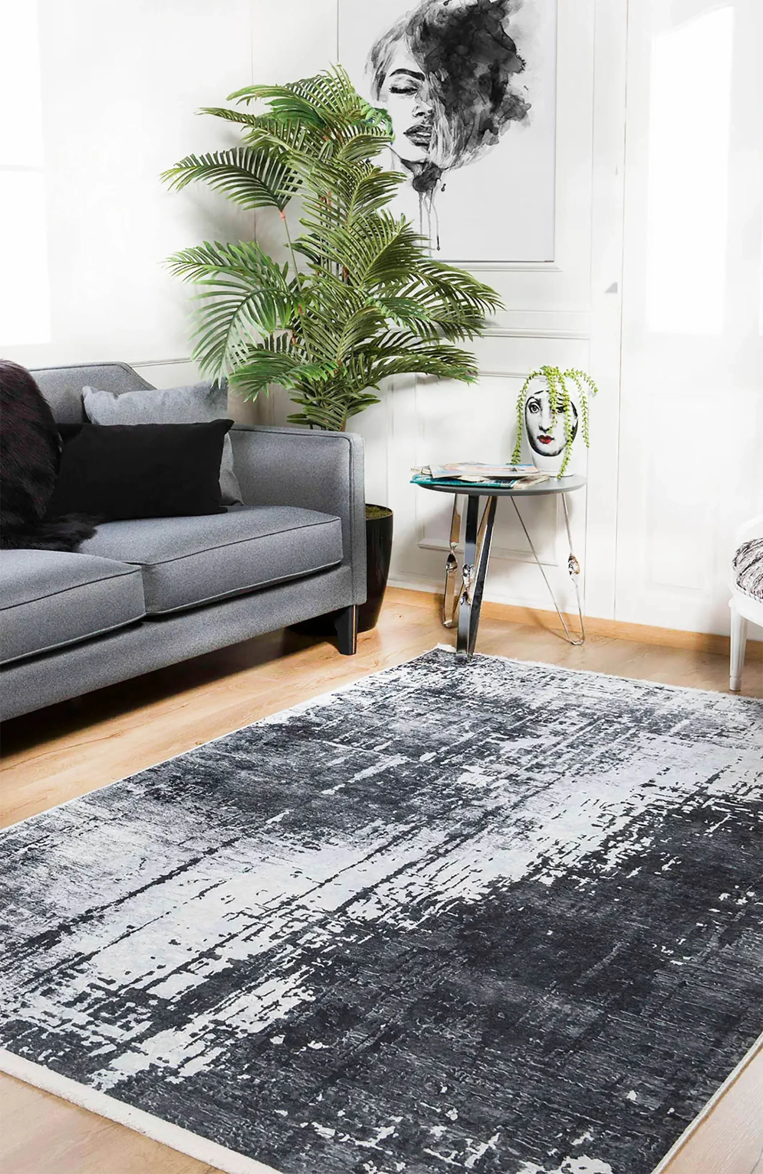 Siyah, Füme ve Beyaz Modern Soyut Sanat Halısı