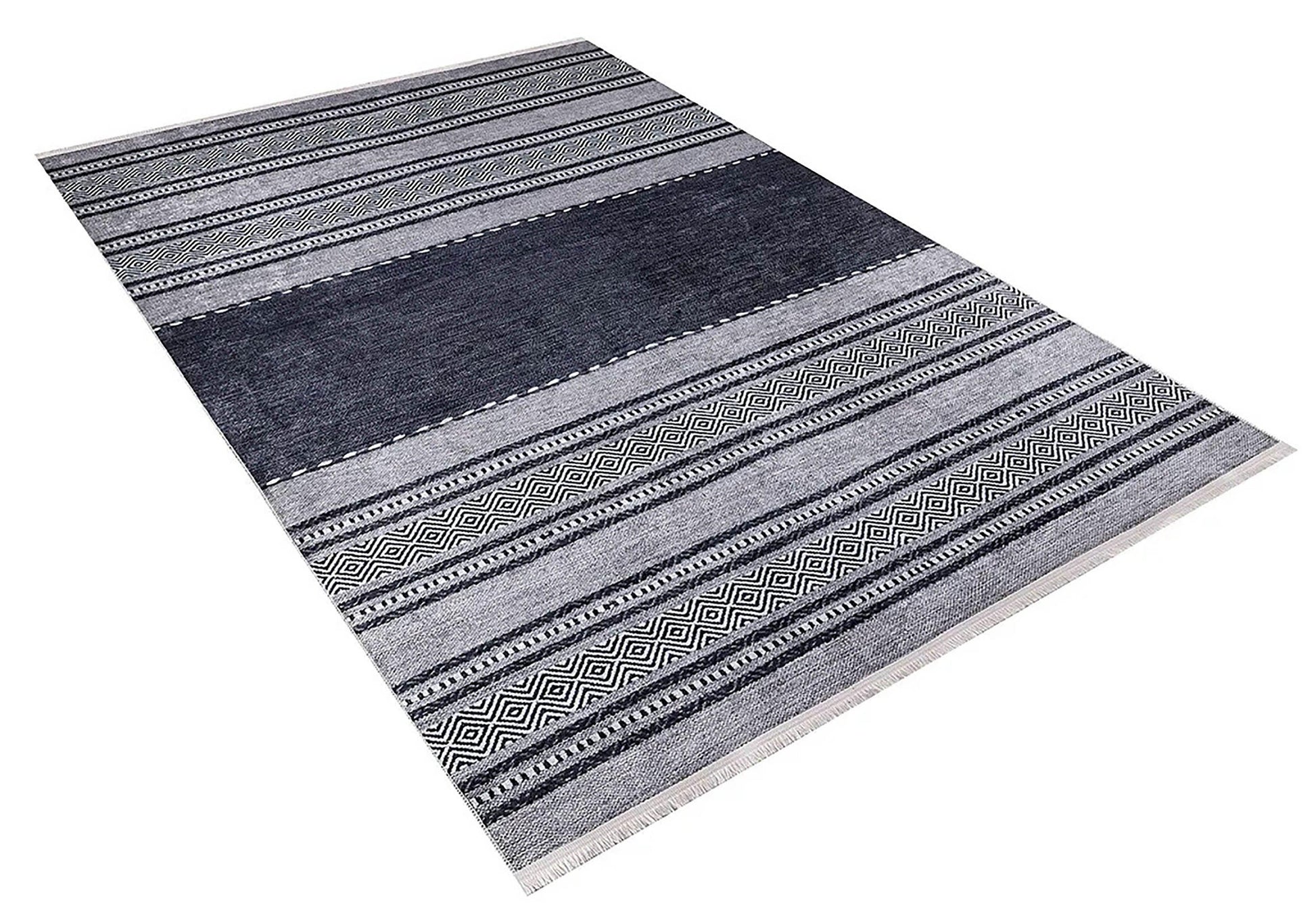 Siyah Gri Etnik Desenli Modern Geometrik Degrade Halı