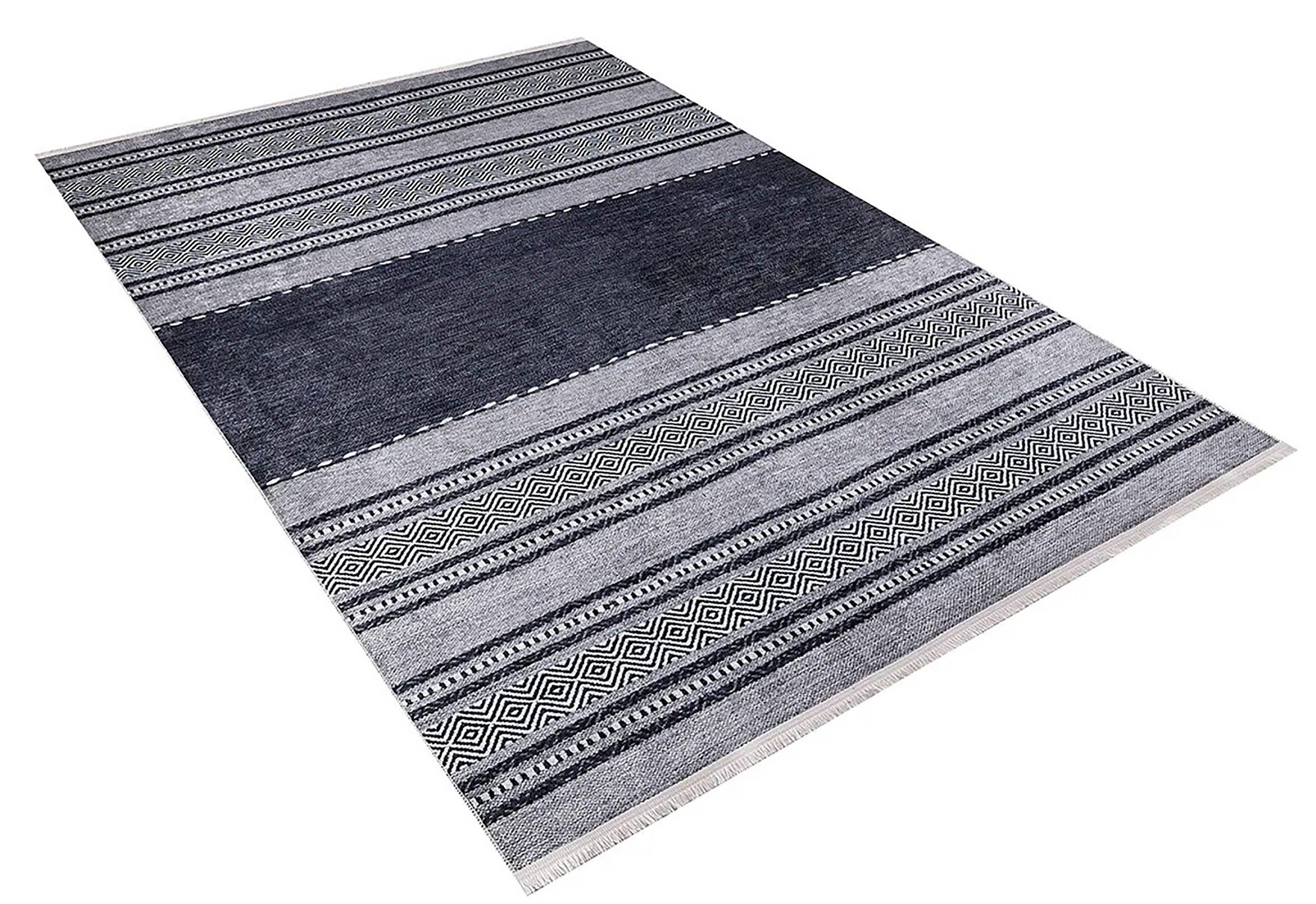 Siyah Gri Etnik Desenli Modern Geometrik Degrade Halı
