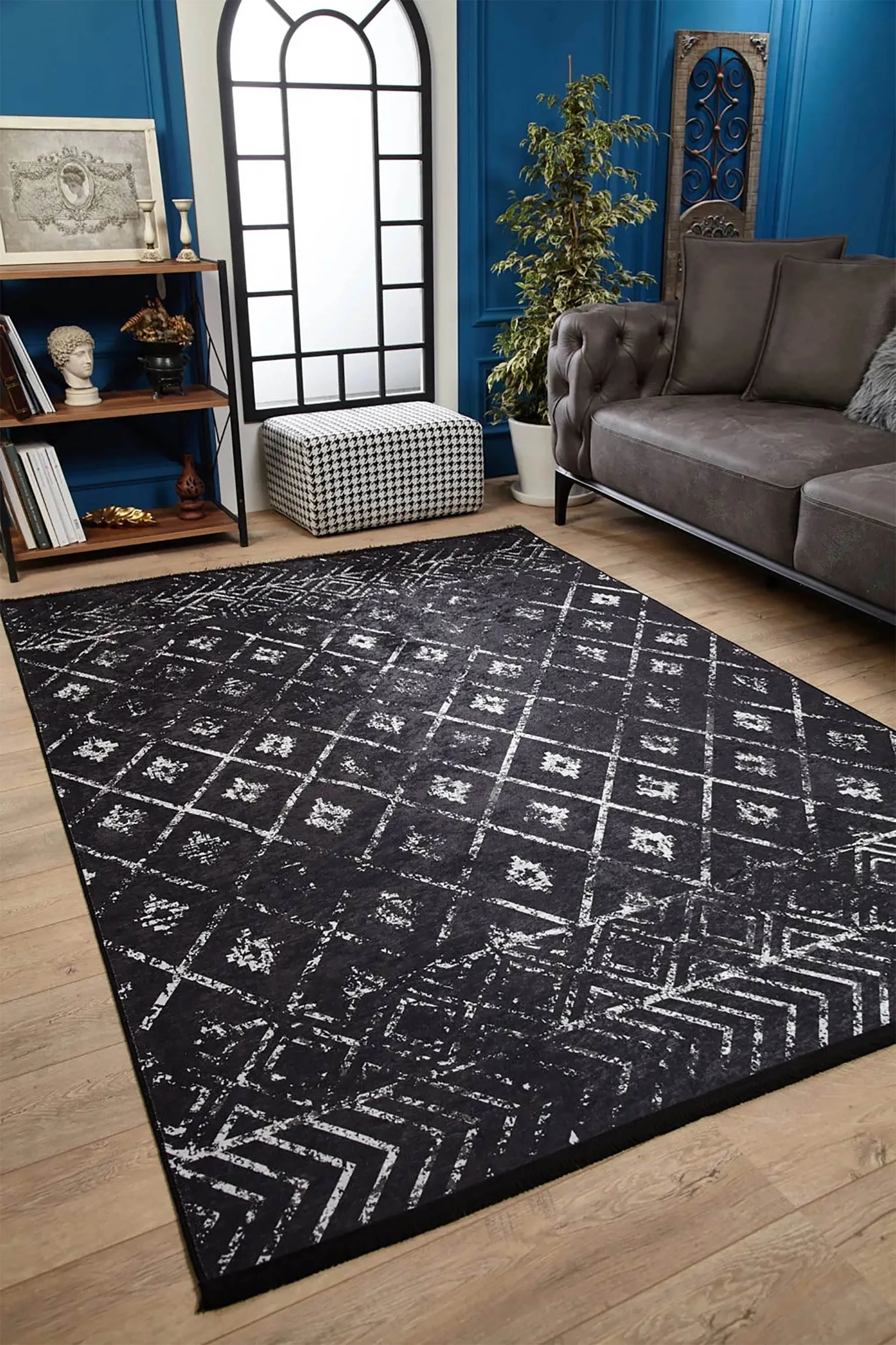 Siyah Gri Geometrik Antika Benzersiz Vintage Halı