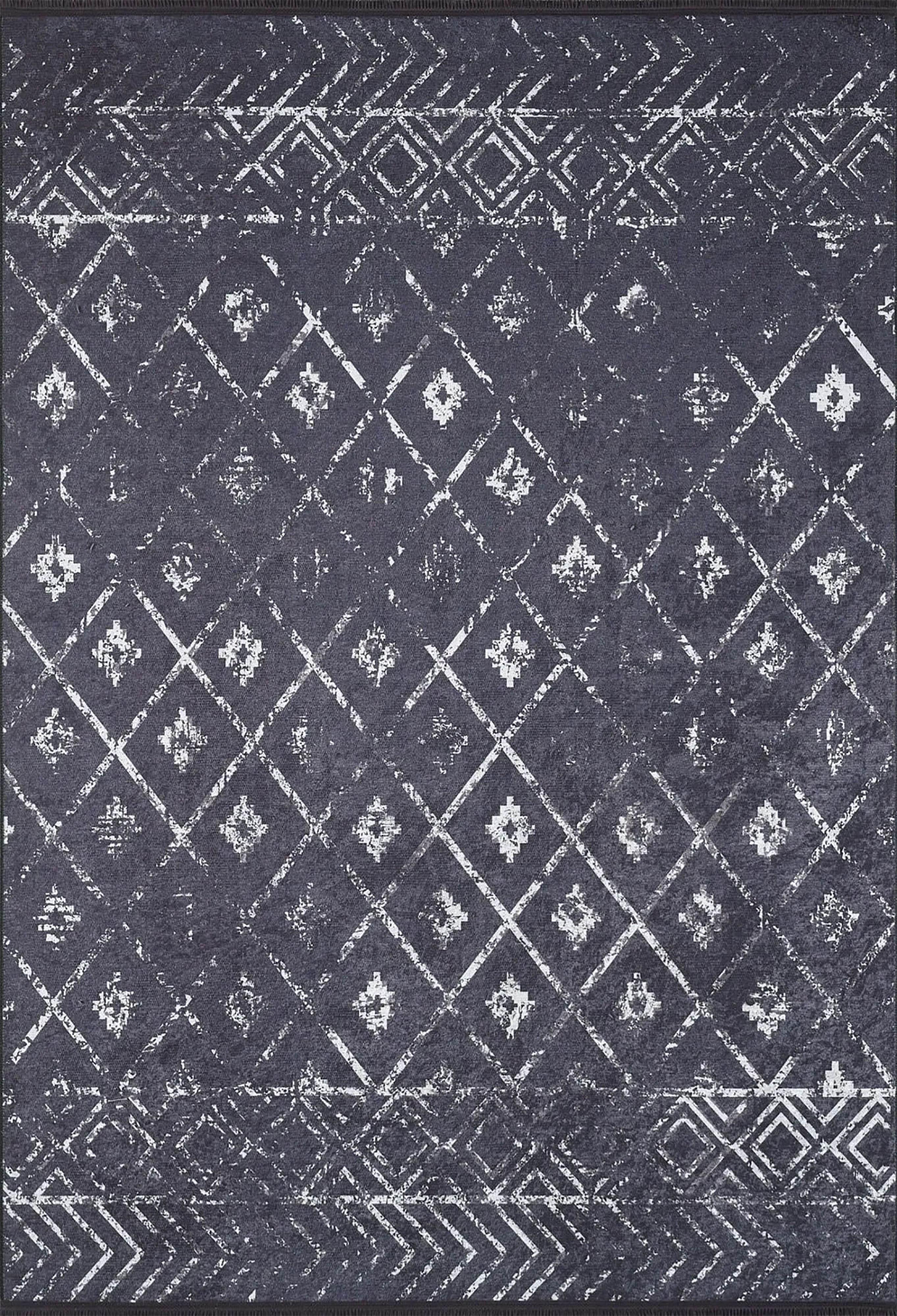 Siyah Gri Geometrik Antika Benzersiz Vintage Halı