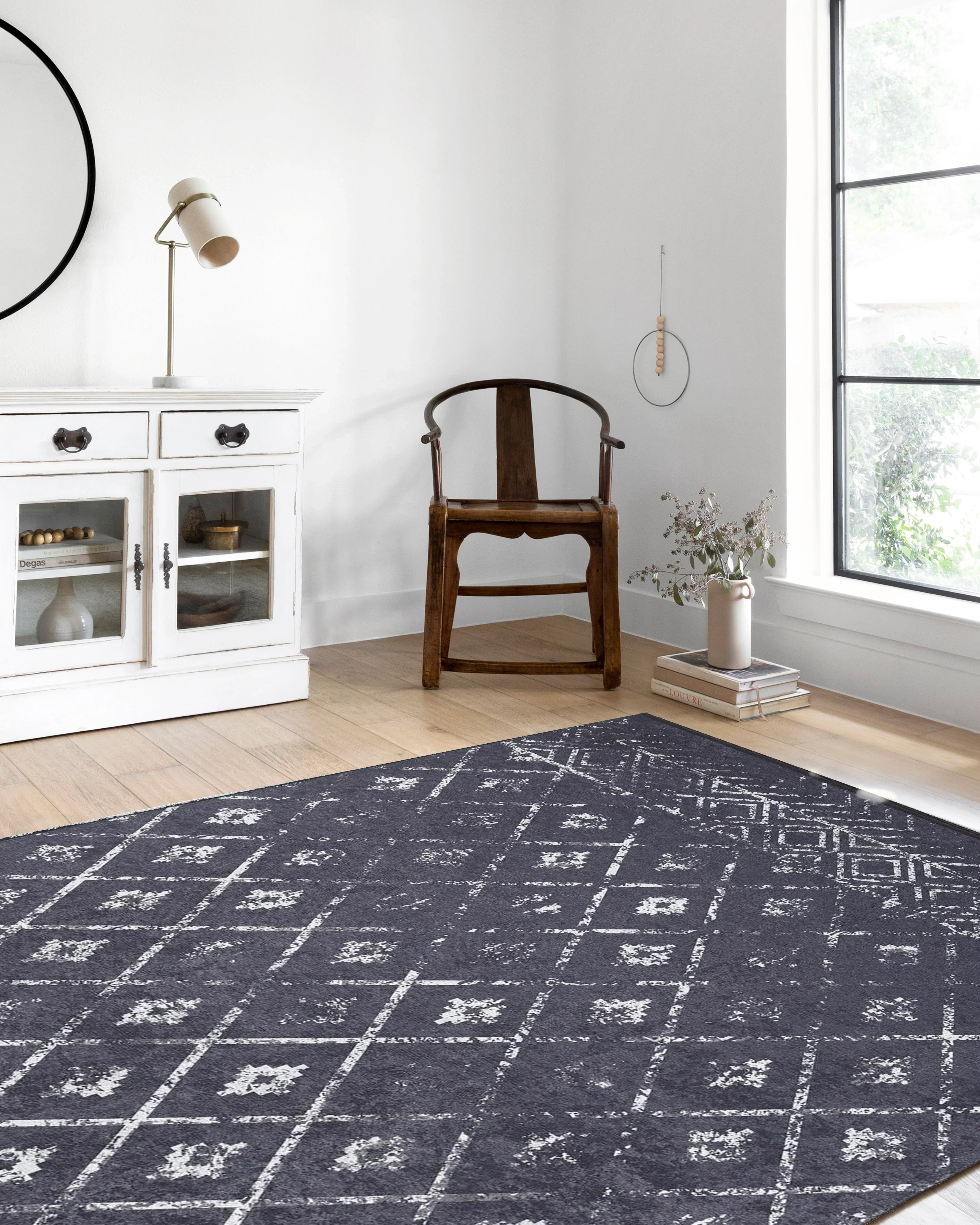 Siyah Gri Geometrik Antika Benzersiz Vintage Halı