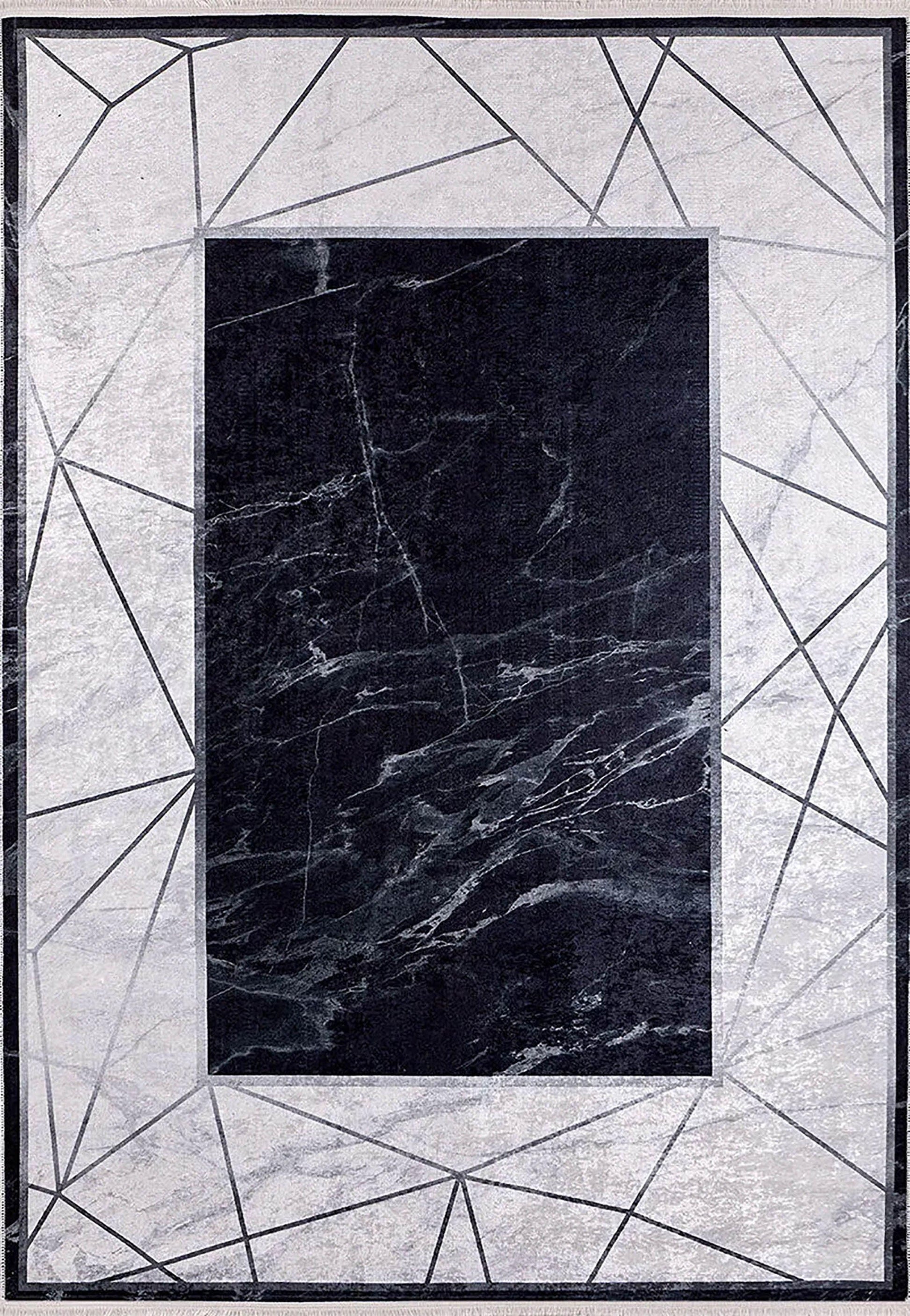 Siyah Gri Mermer Desenli Geometrik Bordürlü Modern Yıkanabilir Halı