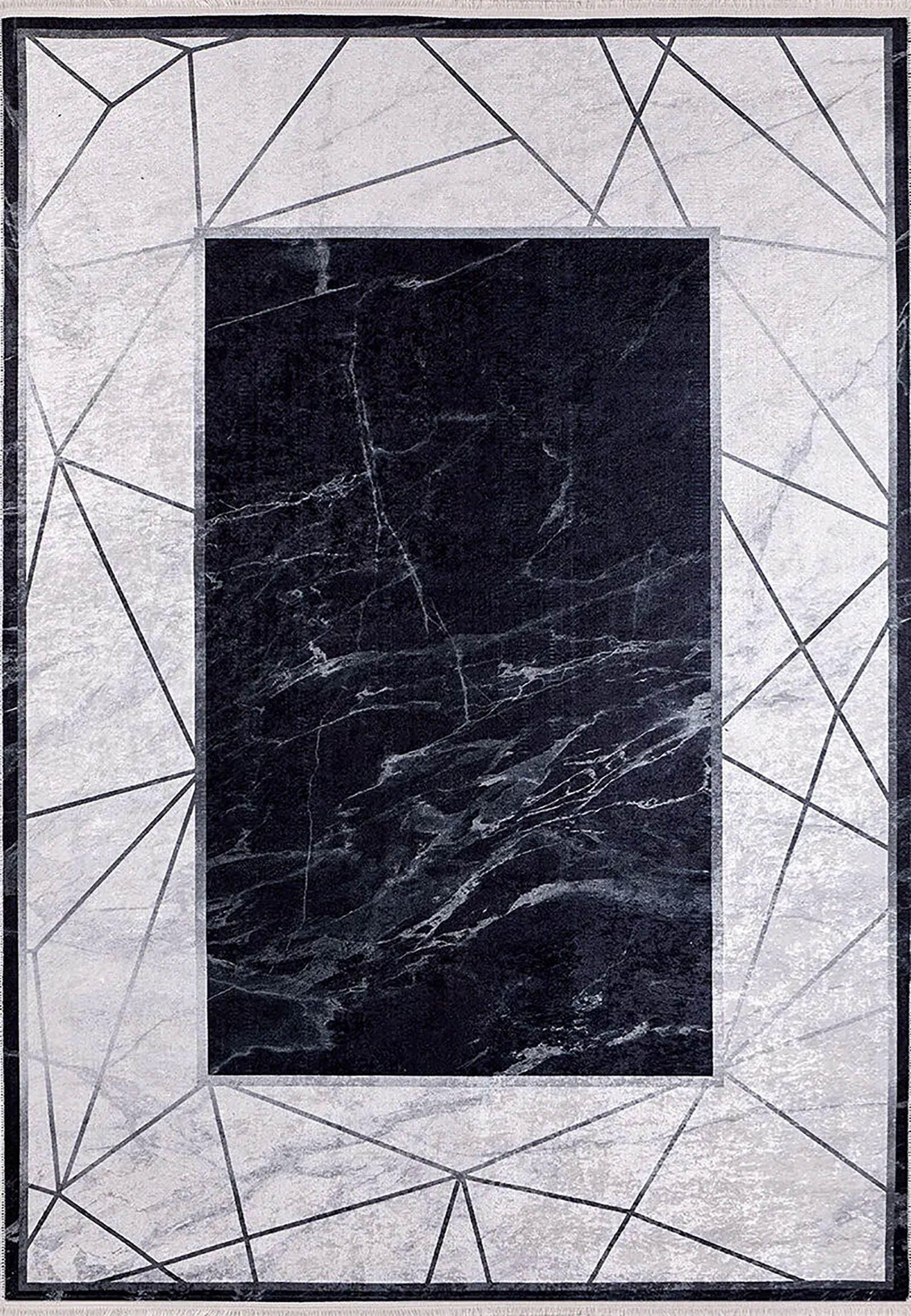 Siyah Gri Mermer Desenli Geometrik Bordürlü Modern Yıkanabilir Halı