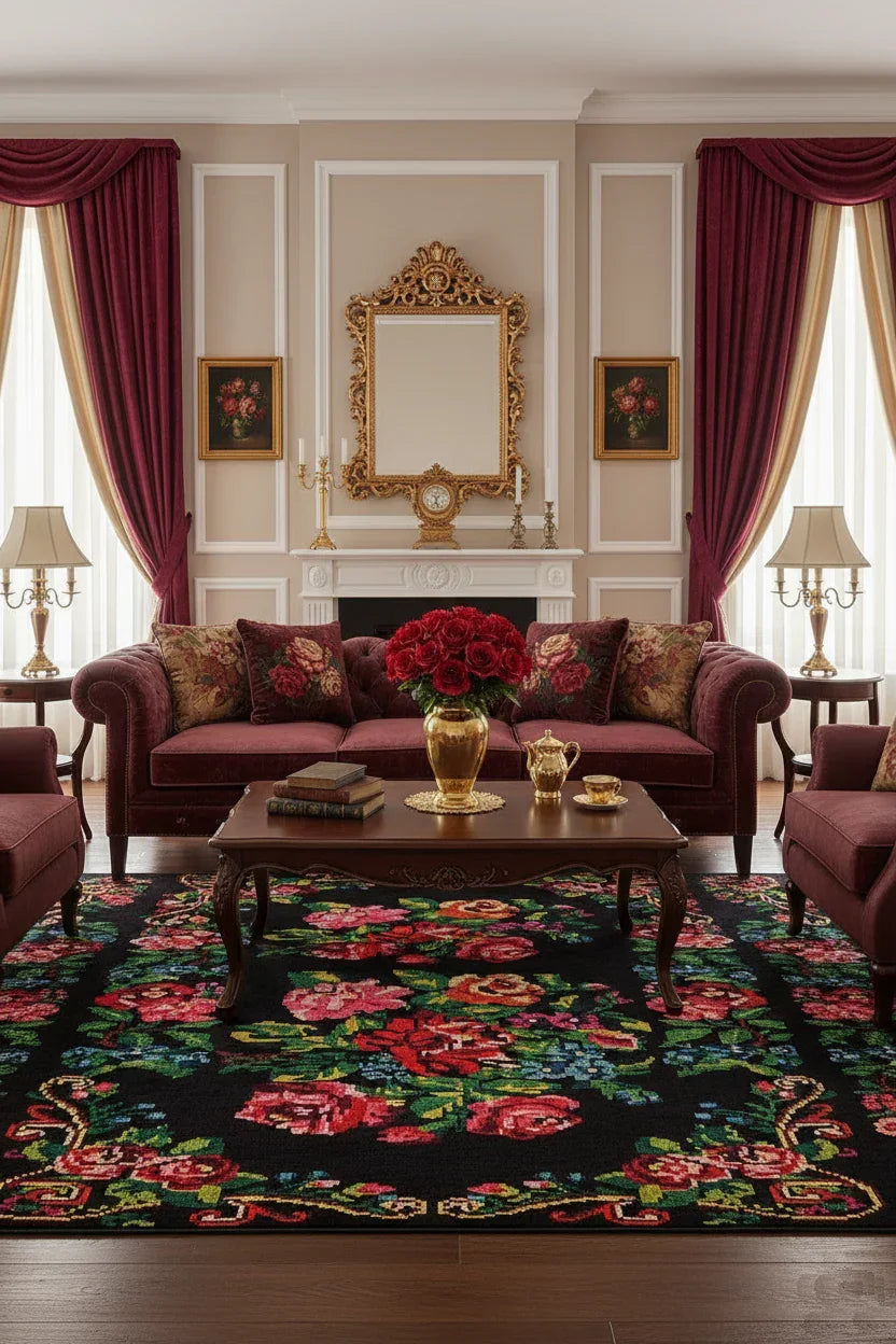 Siyah Gül Desenli Karabağ Kilim Halı