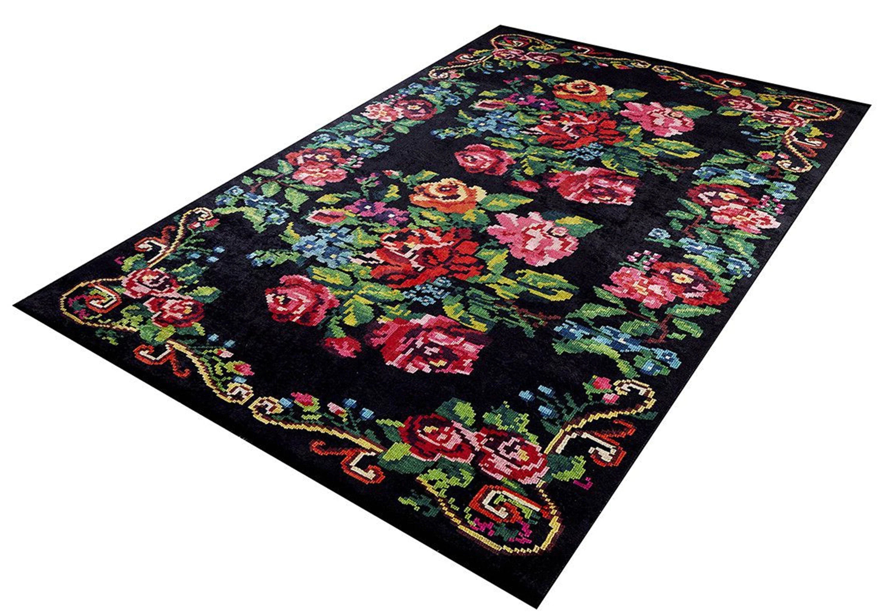 Siyah Gül Desenli Karabağ Kilim Halı