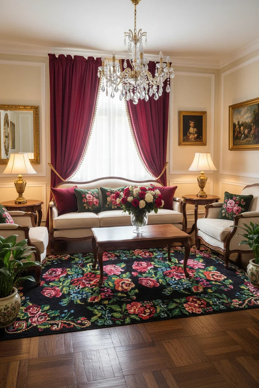 Siyah Gül Desenli Karabağ Kilim Halı