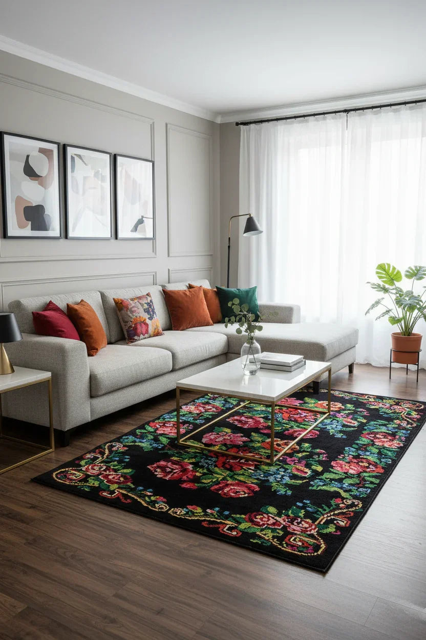 Siyah Gül Desenli Karabağ Kilim Halı