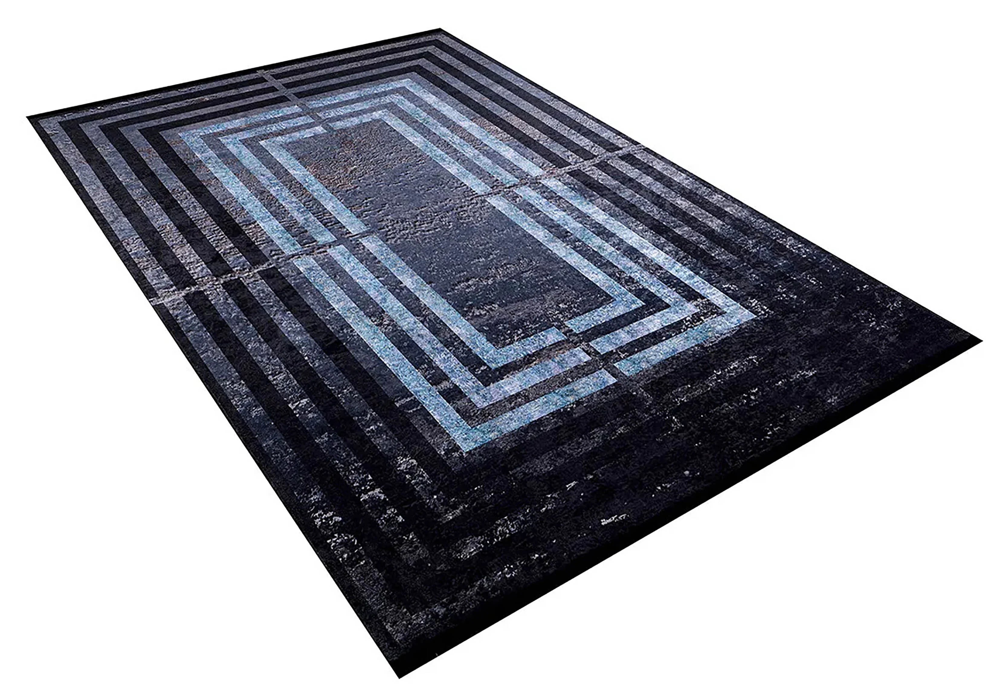 Siyah Mavi Art Deco Geometrik Çerçeveli Modern Halı