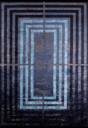 Siyah Mavi Art Deco Geometrik Çerçeveli Modern Halı