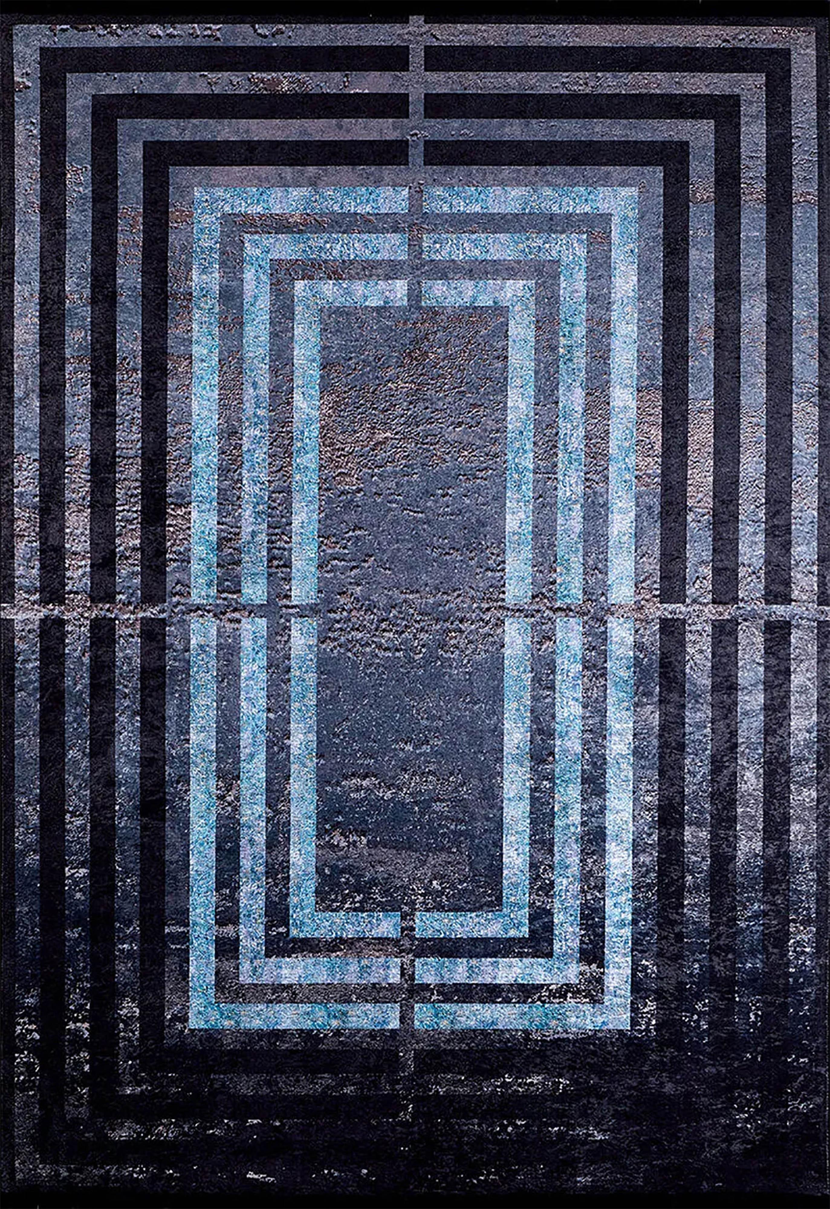 Siyah Mavi Art Deco Geometrik Çerçeveli Modern Halı