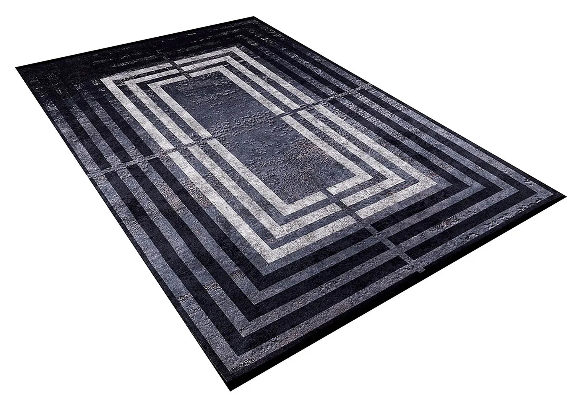 Siyah Mavi Gri Art Deco Geometrik Çerçeveli Modern Halı