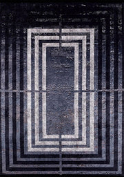 Siyah Mavi Gri Art Deco Geometrik Çerçeveli Modern Halı