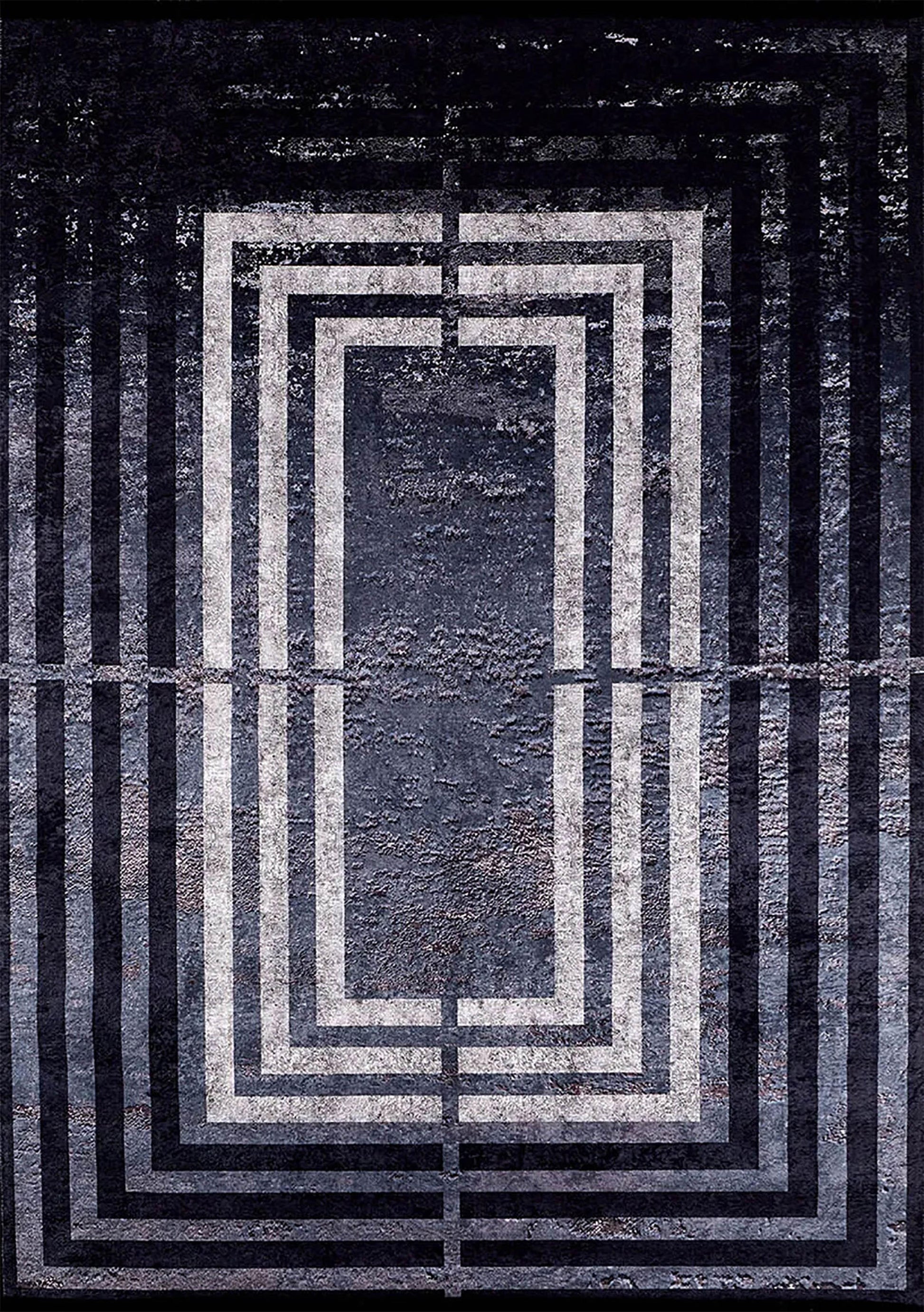 Siyah Mavi Gri Art Deco Geometrik Çerçeveli Modern Halı