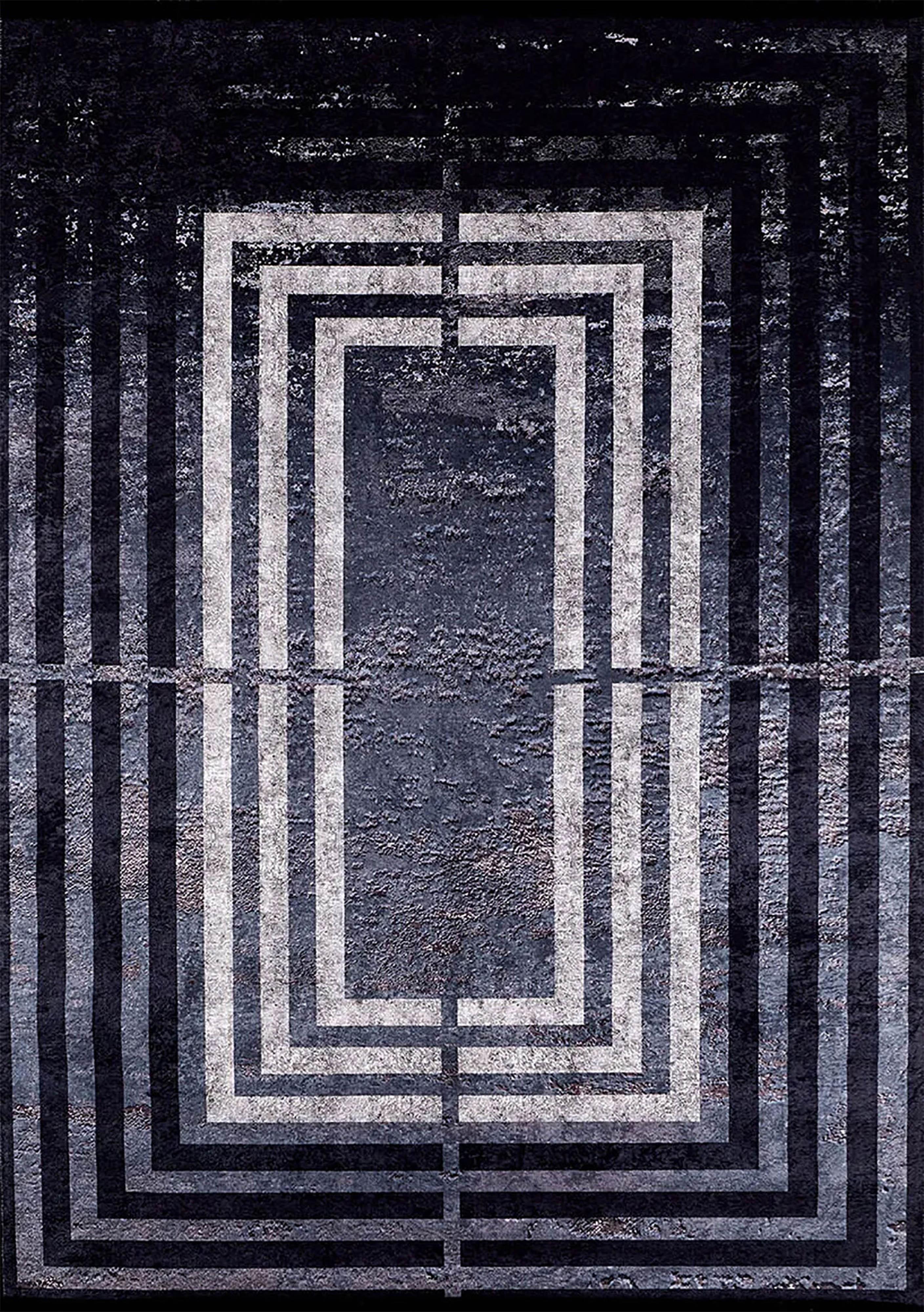 Siyah Mavi Gri Art Deco Geometrik Çerçeveli Modern Halı