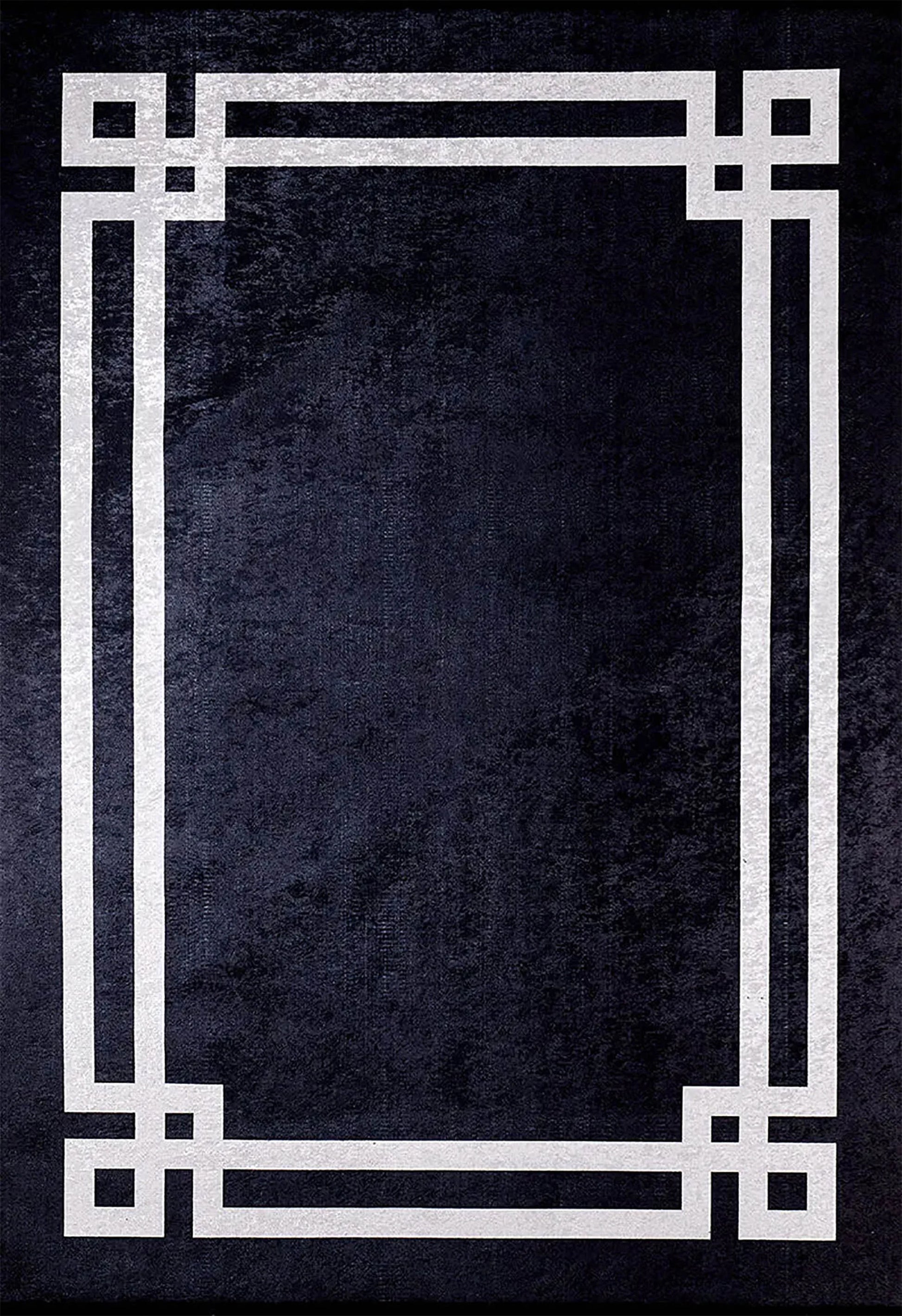 Siyah Zeminli Beyaz Art Deco Bordürlü Modern Halı