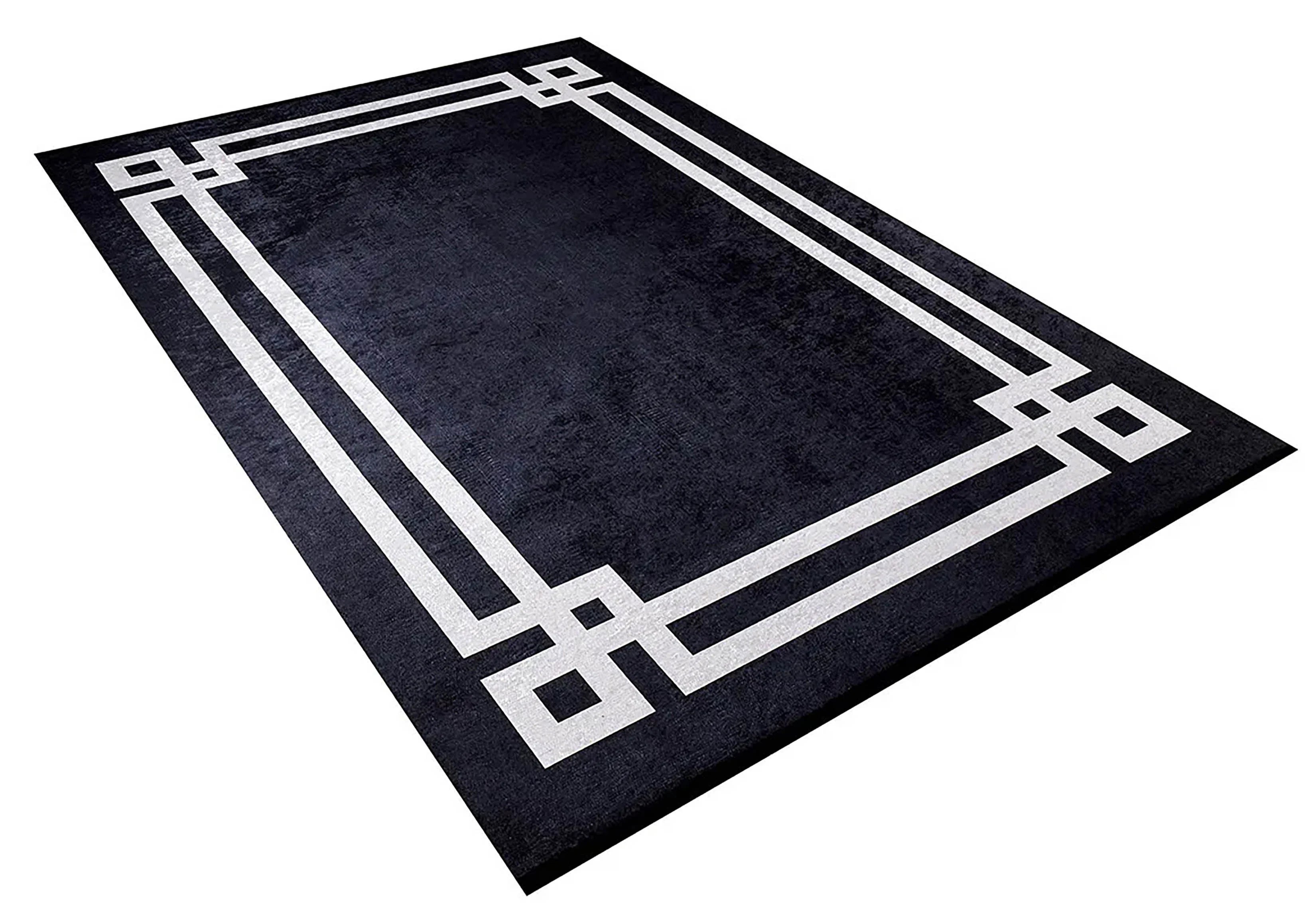 Siyah Zeminli Beyaz Art Deco Bordürlü Modern Halı