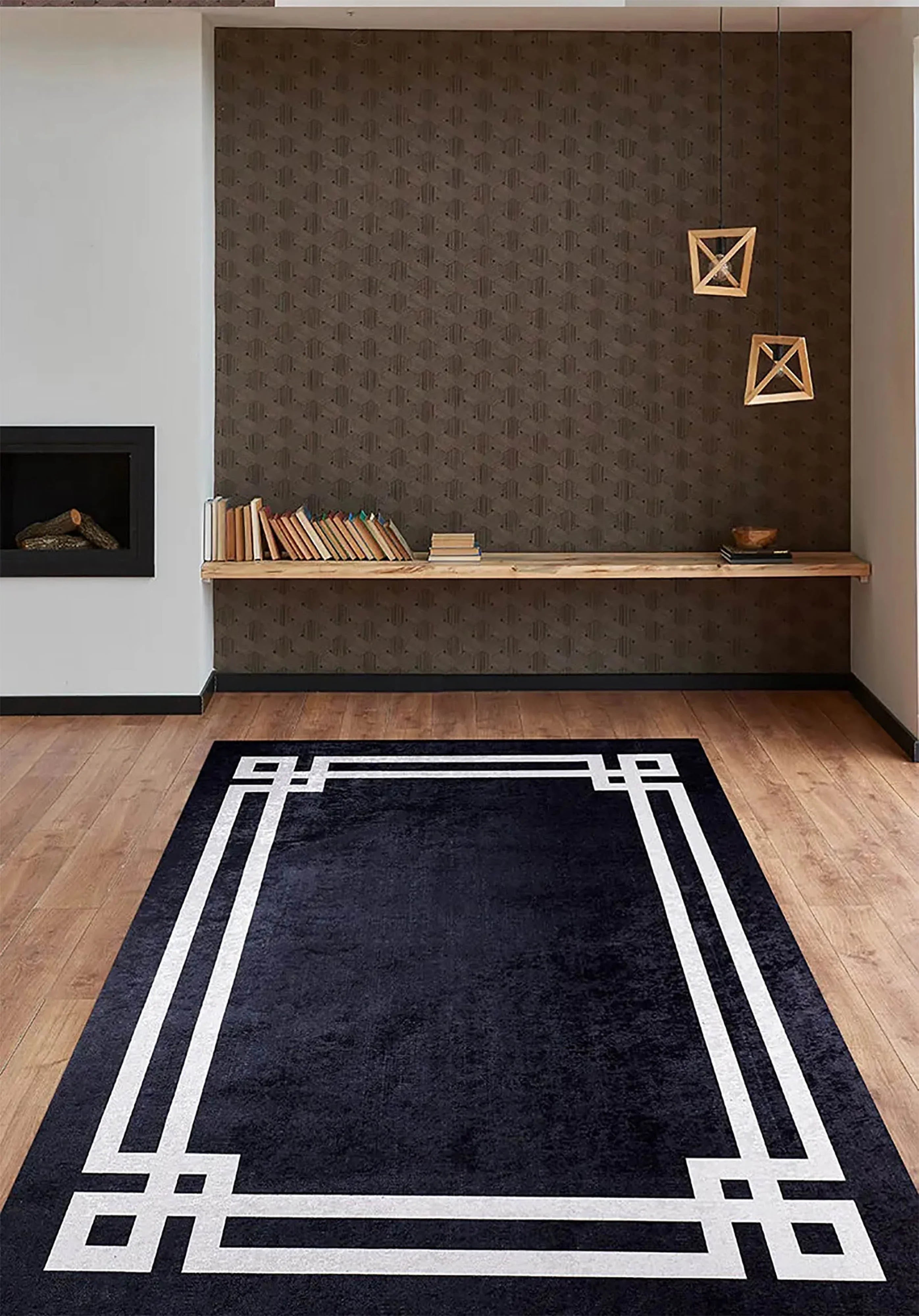 Siyah Zeminli Beyaz Art Deco Bordürlü Modern Halı