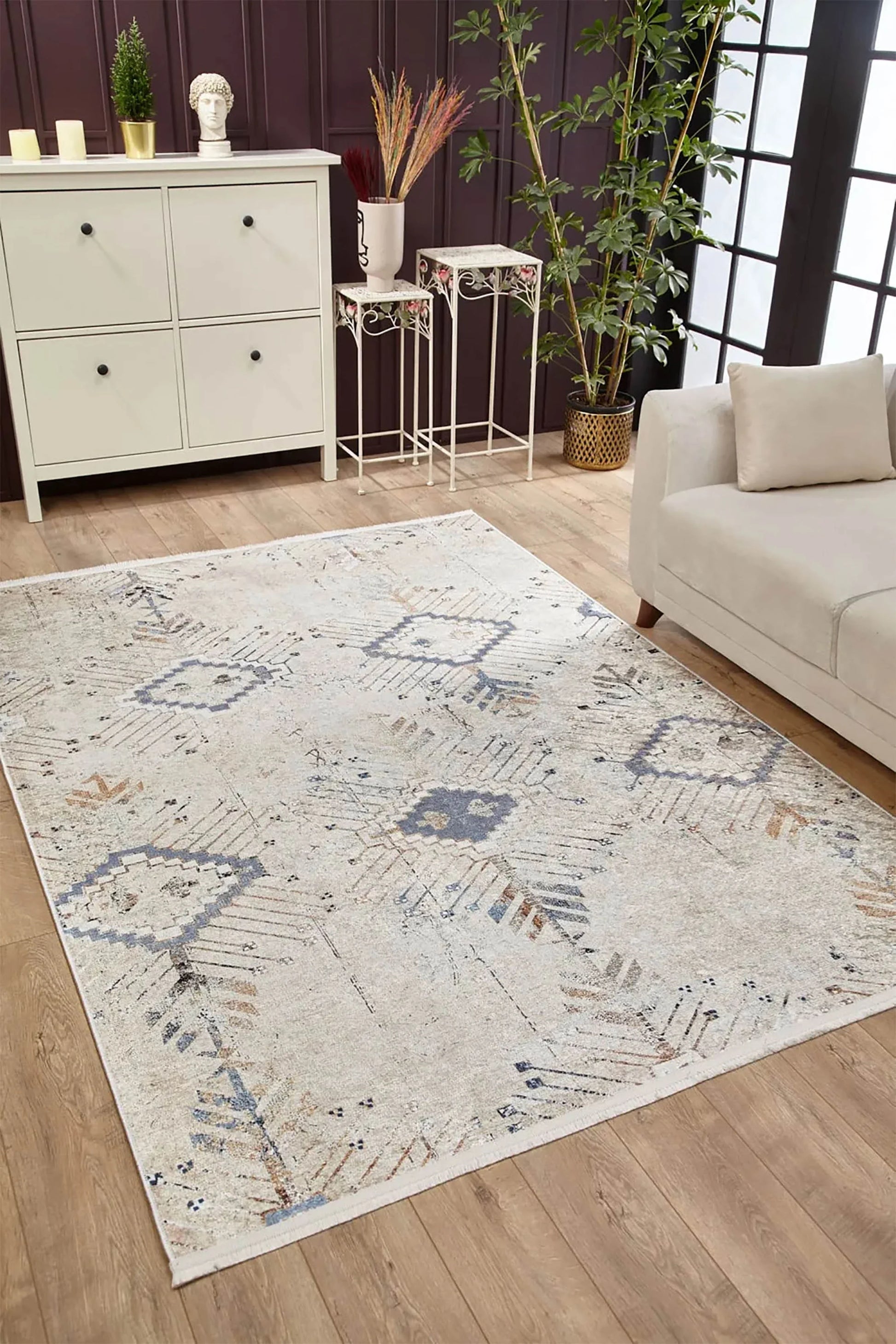 Soft Bohem Geometrik Desenli Krem Soluk Mavi Eskitme Halı