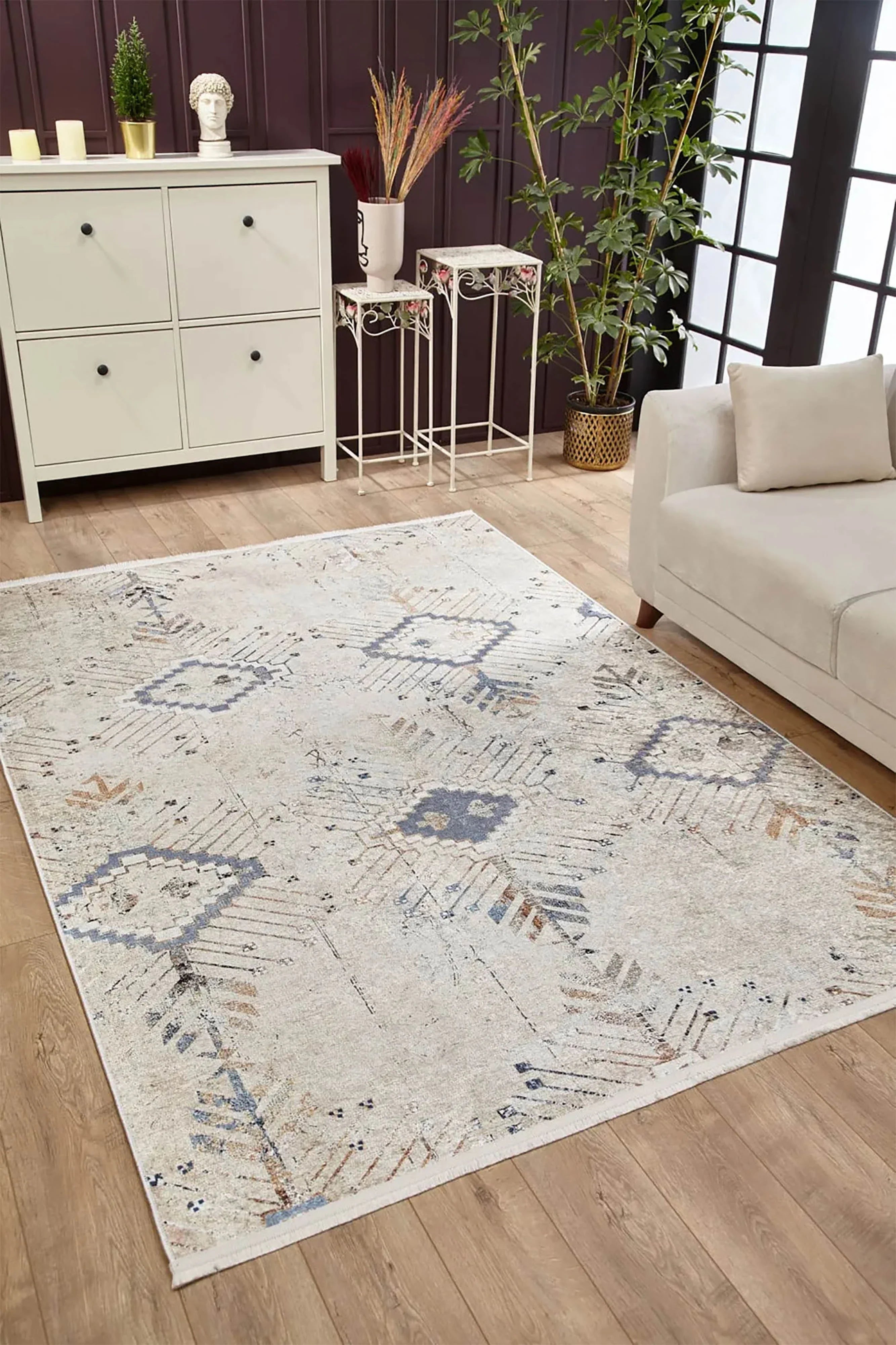 Soft Bohem Geometrik Desenli Krem Soluk Mavi Eskitme Halı