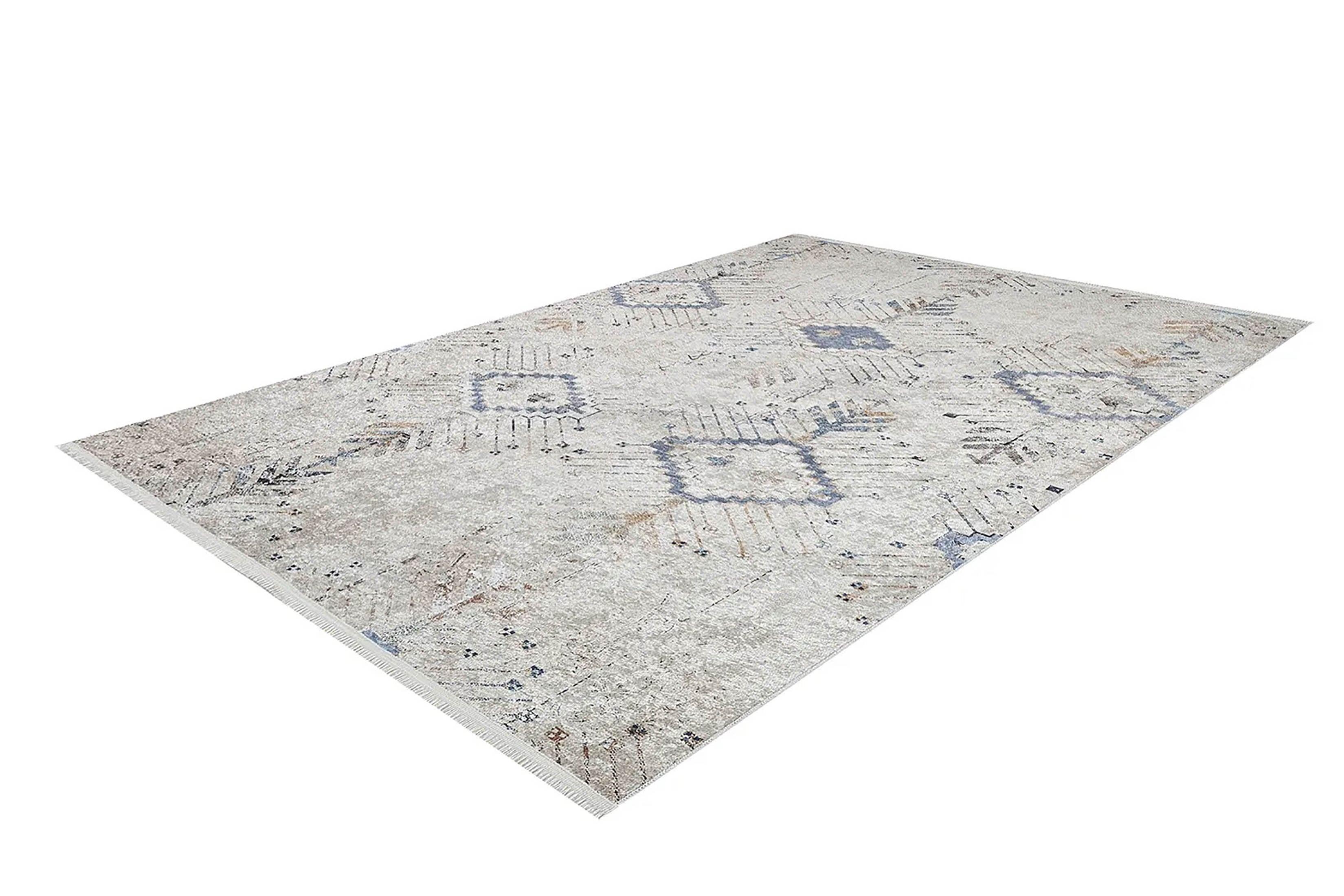 Soft Bohem Geometrik Desenli Krem Soluk Mavi Eskitme Halı
