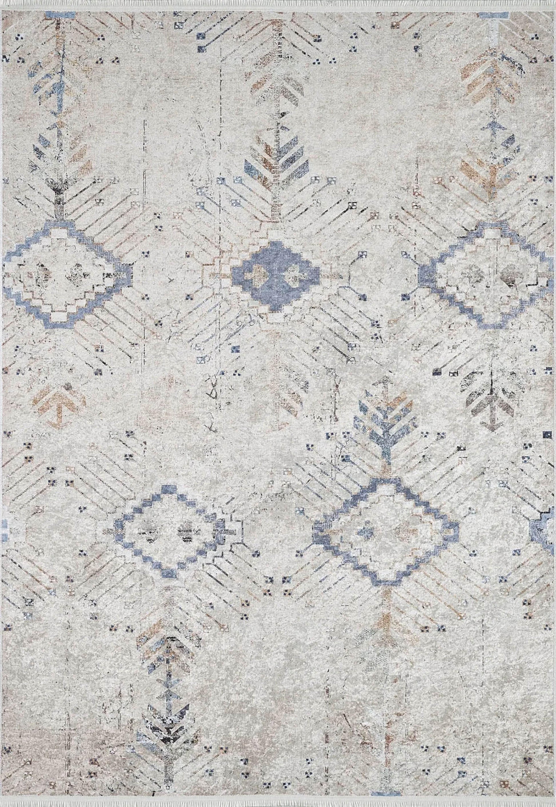 Soft Bohem Geometrik Desenli Krem Soluk Mavi Eskitme Halı
