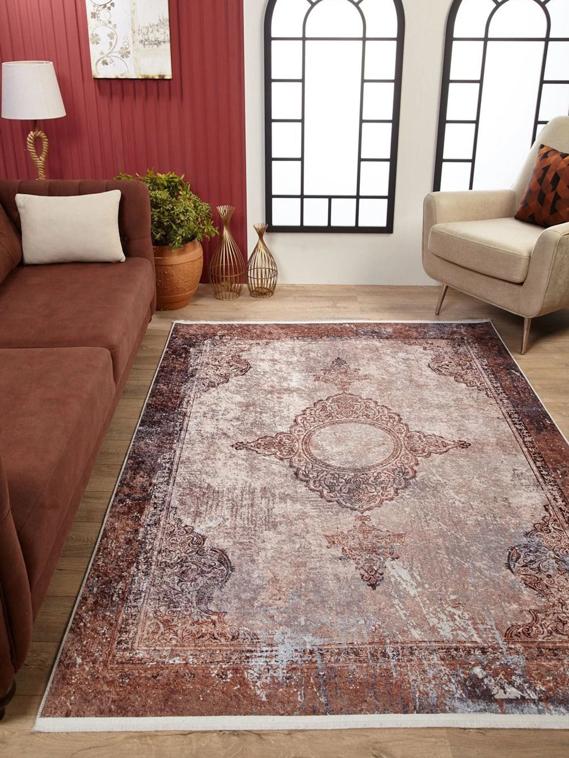 Soluk Pembe Krem Bej Geometrik Desenli Kilim Halı