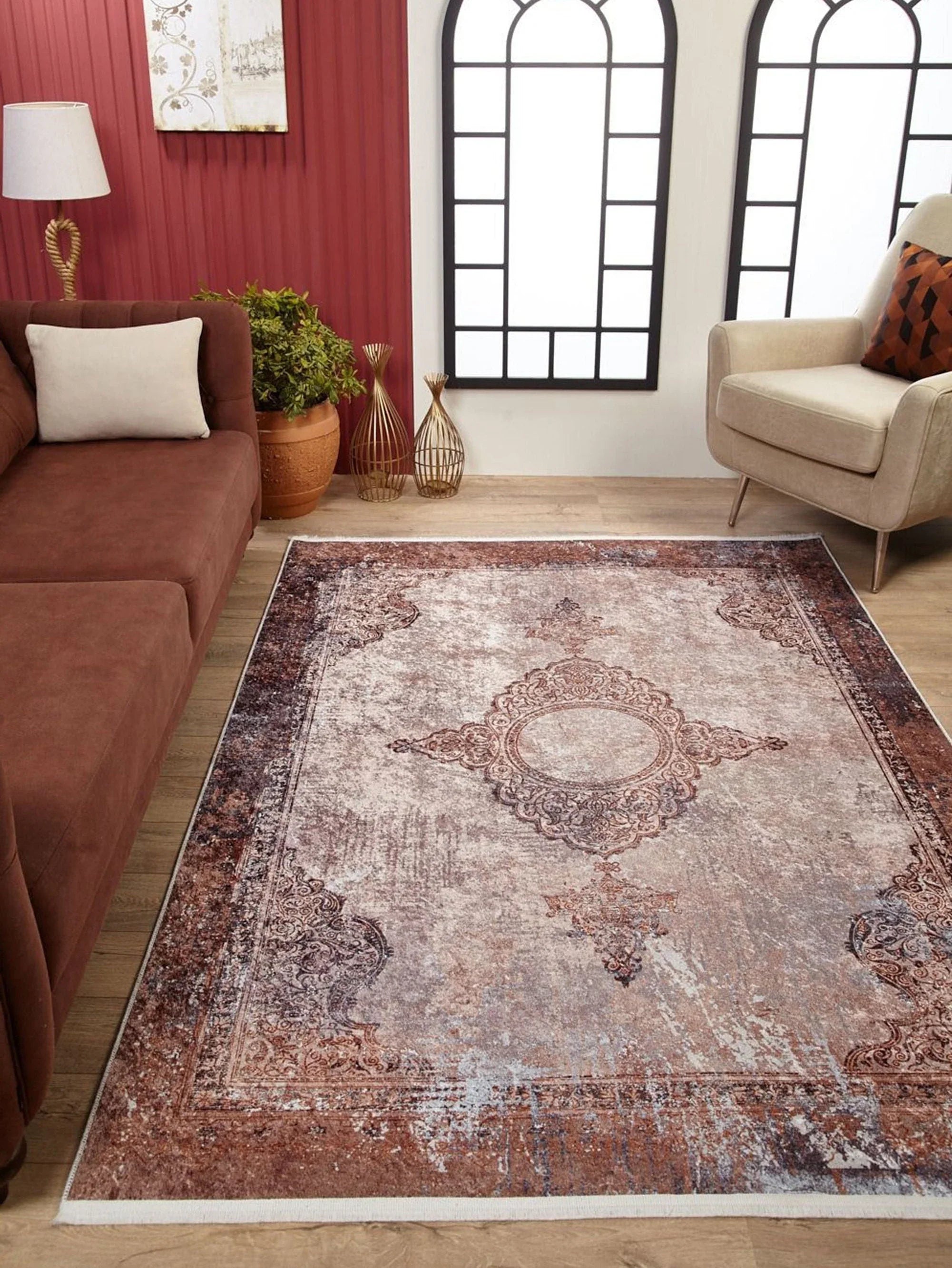 Soluk Pembe Krem Bej Geometrik Desenli Kilim Halı